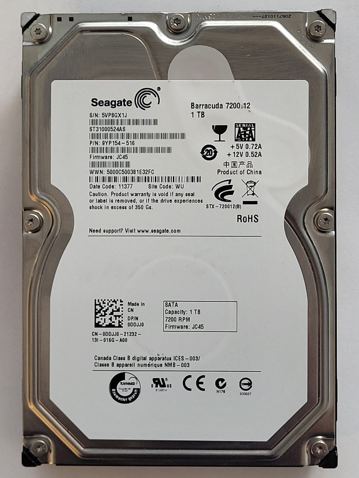 ST31000524AS, PN:9YP154-516, SN:5VP, WU, FW:JC45, 11377 | Seagate 1To 3,5" SATA HDD STK