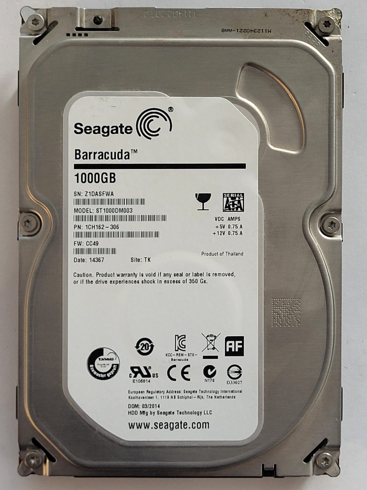 ST1000DM003, PN:1CH162-306, SN:Z1D, TK, FW:CC49, 14367 | Seagate 1To 3,5" SATA HDD STK