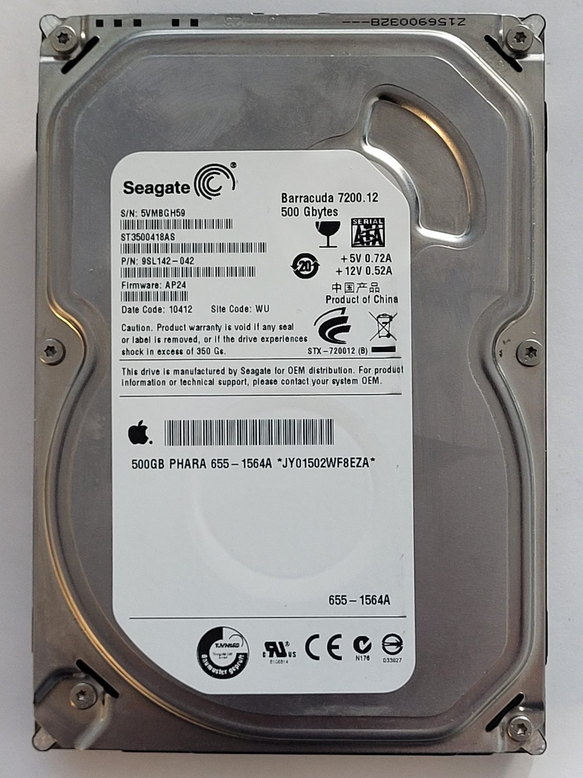 ST3500418AS, PN:9SL142-042, SN:5VM, WU, FW:AP24, 10412 | Seagate 500Go 3,5" SATA HDD STK