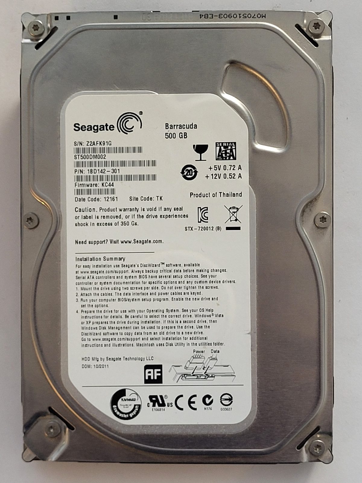ST500DM002, PN:1BD142-301, SN:Z2A, TK, FW:KC44, 12161 | Seagate 500Go 3,5" SATA HDD STK