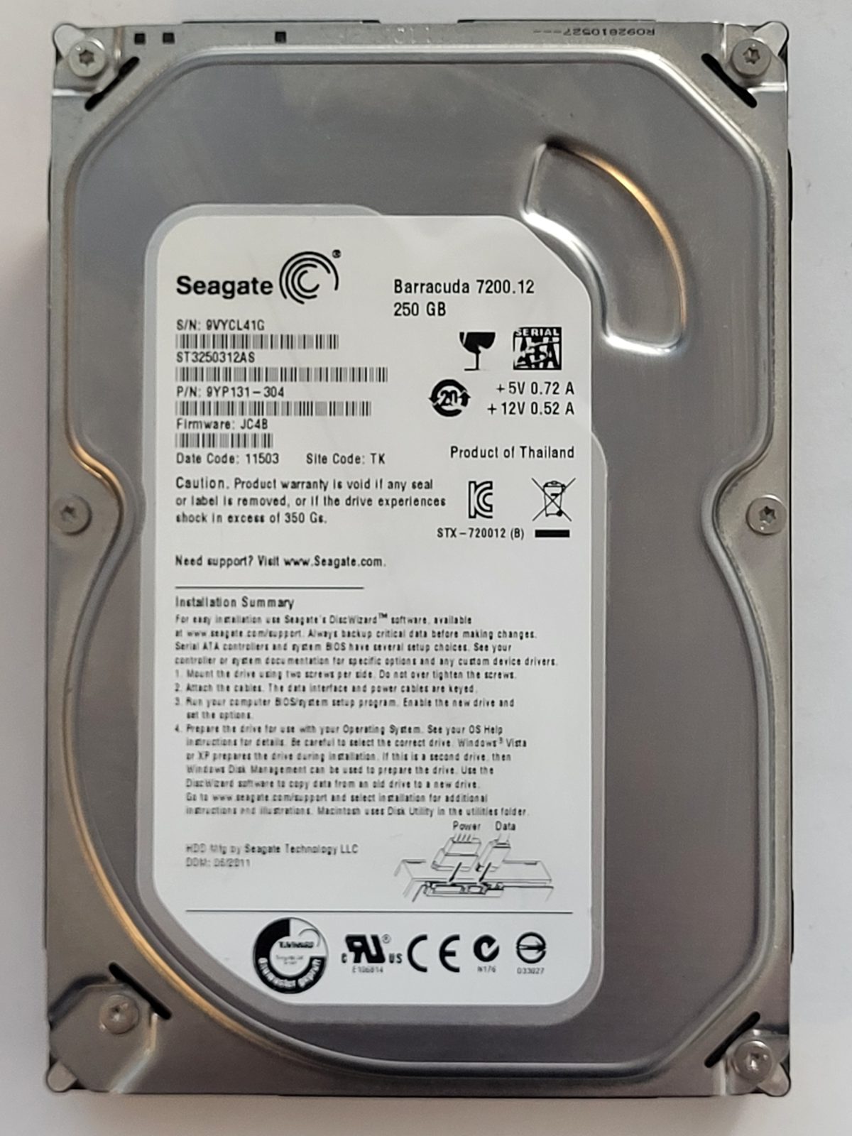 ST3250312AS, PN:9YP131-304, SN:9VY, TK, FW:JC4B, 11503 | Seagate 250Go 3,5" SATA HDD STK
