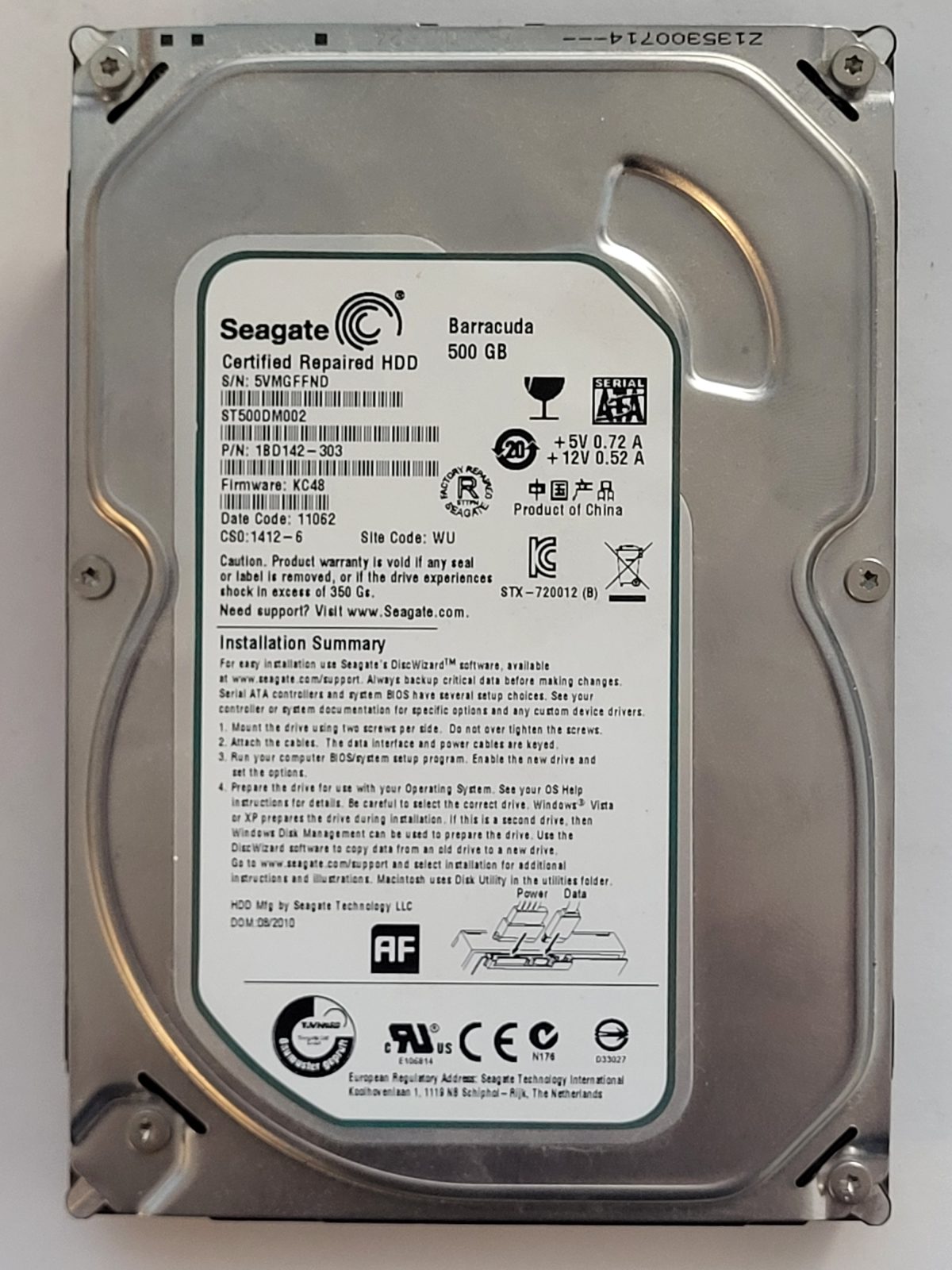 ST500DM002, PN:1BD142-303, SN:5VM, WU, FW:KC48, 11062 | Seagate 500Go 3,5" SATA HDD STK