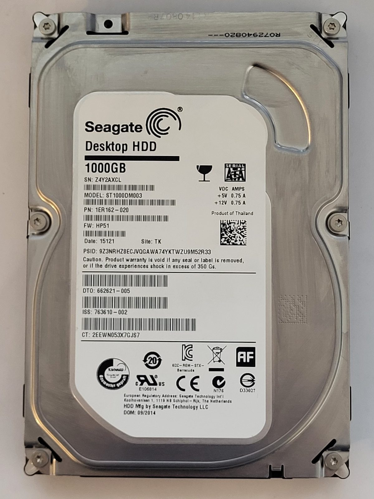 ST1000DM003, PN:1ER162-020, SN:Z4Y, TK, FW:HP51, 15121 | Seagate 1To 3,5" SATA HDD STK