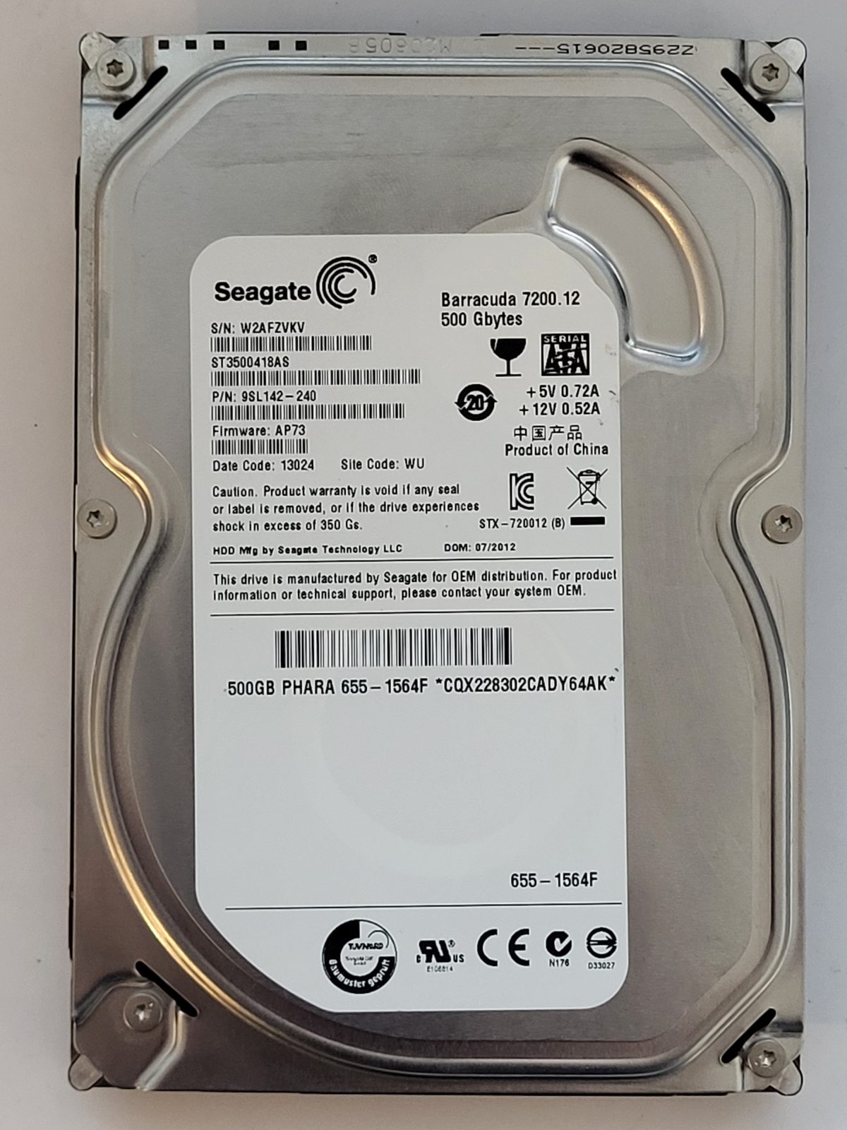 ST3500418AS, PN:9SL142-240, SN:W2A, WU, FW:AP73, 13024 | Seagate 500Go 3,5" SATA HDD STK