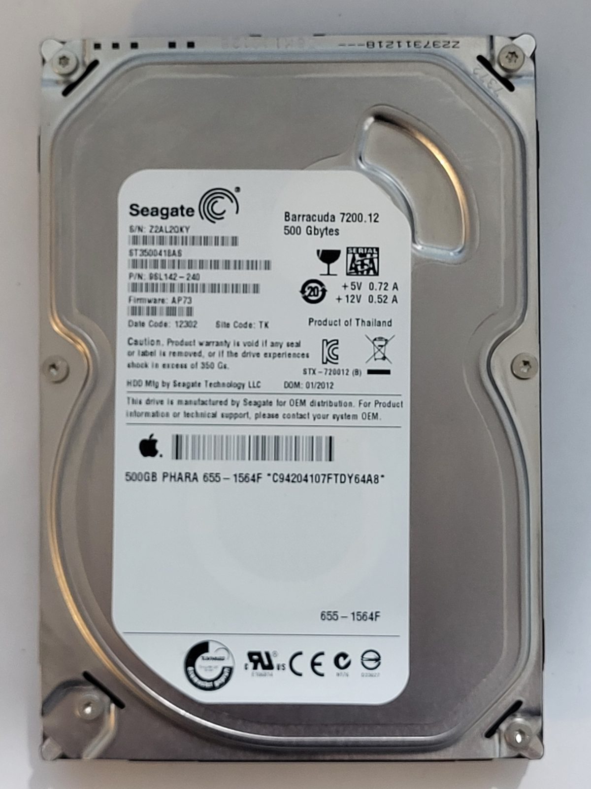 ST3500418AS, PN:9SL142-240, SN:Z2A, TK, FW:AP73, 12302 | Seagate 500Go 3,5" SATA HDD STK
