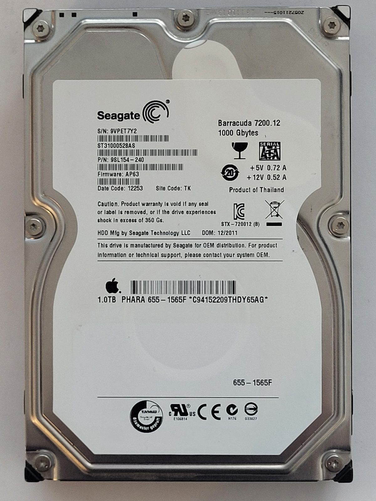 ST31000528AS, PN:9SL154-240, SN:9VP, TK, FW:AP63, 12253 | Seagate 1To 3,5" SATA HDD STK