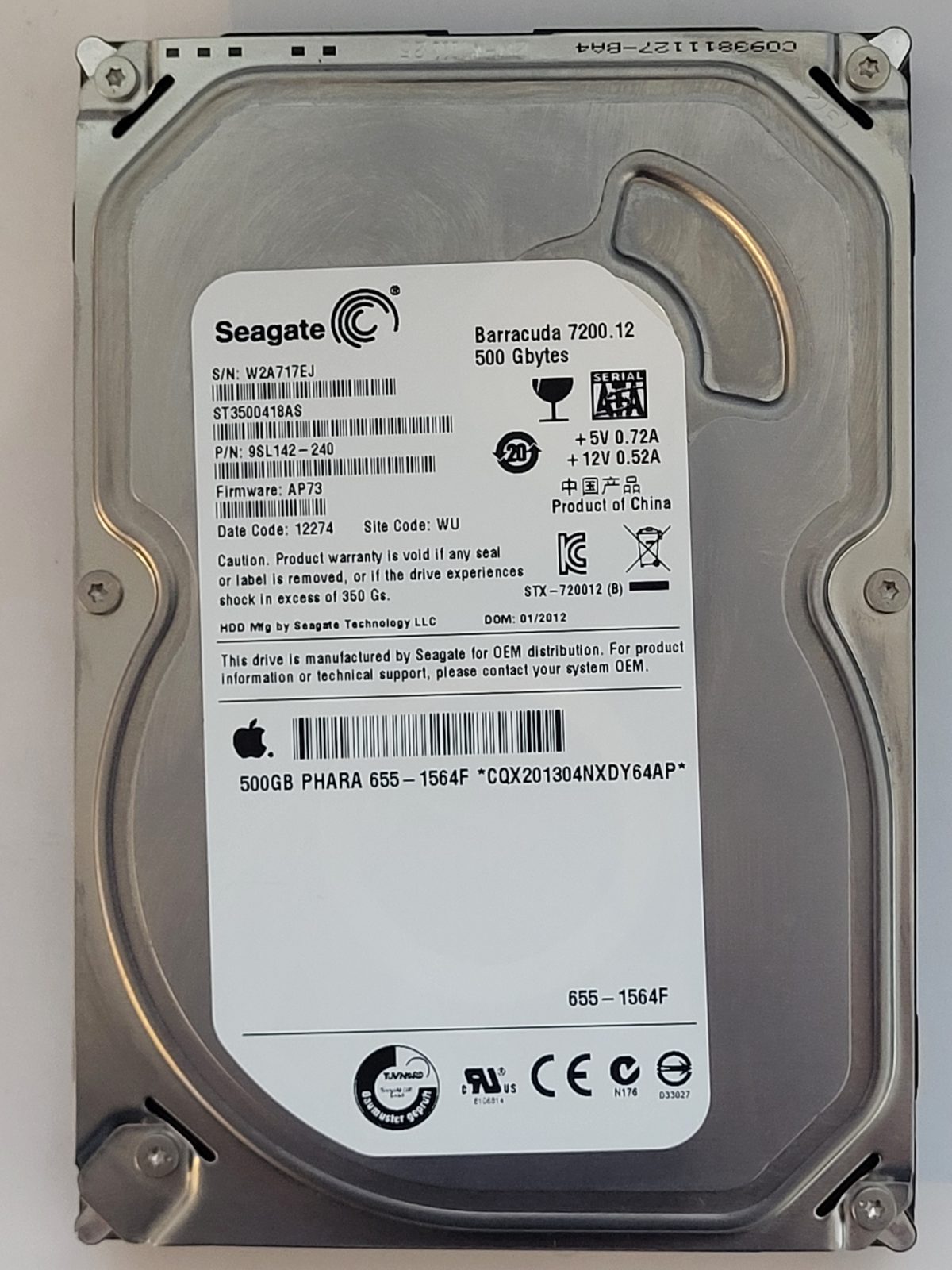 ST3500418AS, PN:9SL142-240, SN:W2A, WU, FW:AP73, 12274 | Seagate 500Go 3,5" SATA HDD STK