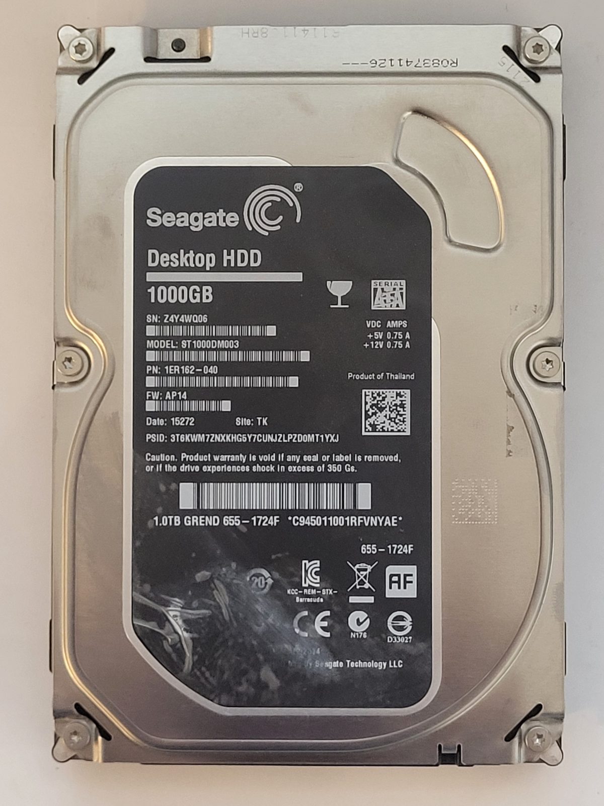 ST1000DM003, PN:1ER162-040, SN:Z4Y, TK, FW:AP14, 15272 | Seagate 1To 3,5" SATA HDD STK