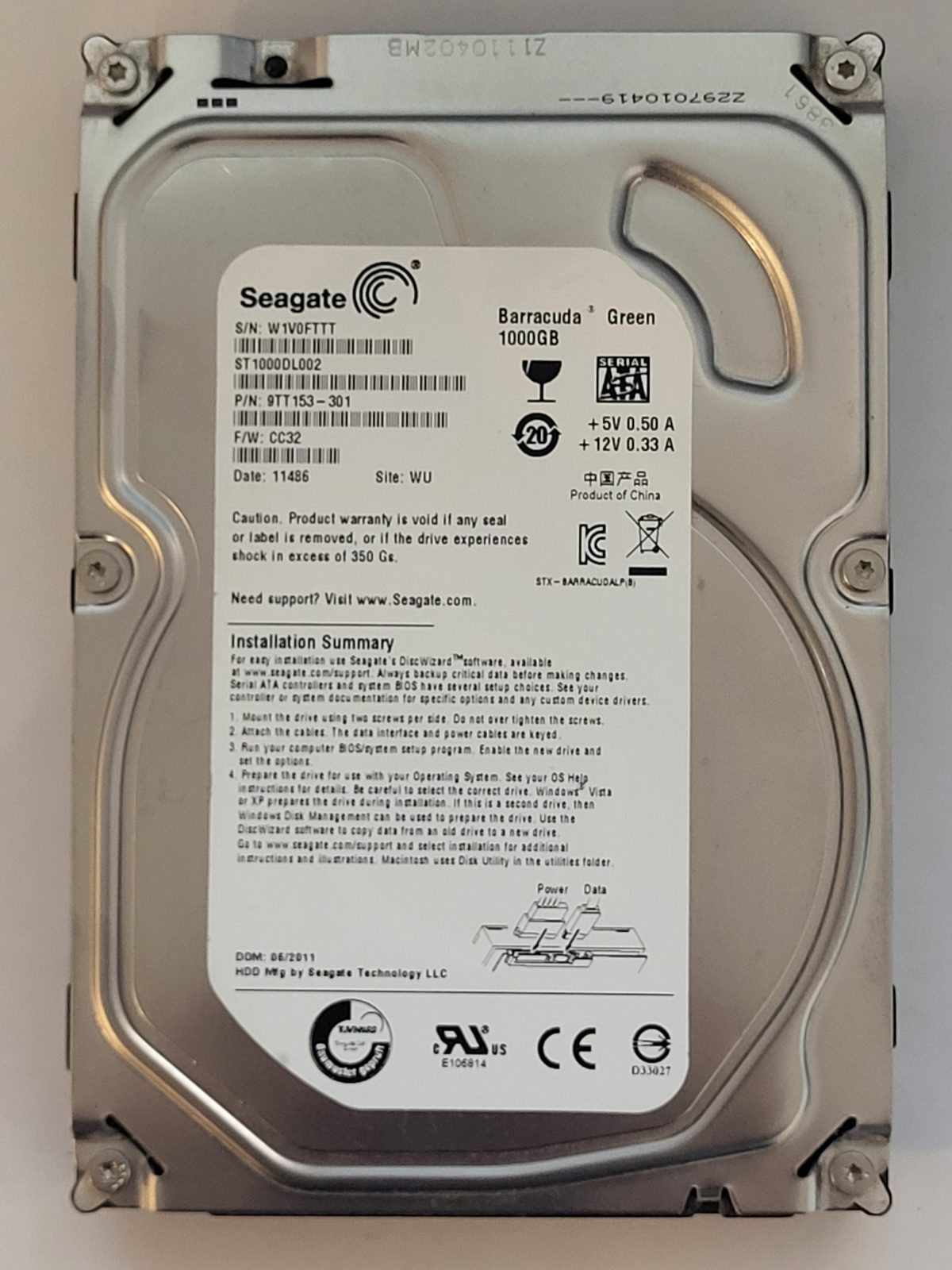 ST1000DL002, PN:9TT153-301, SN:W1V, WU, FW:CC32, 11486 | Seagate 1To 3,5" SATA HDD STK