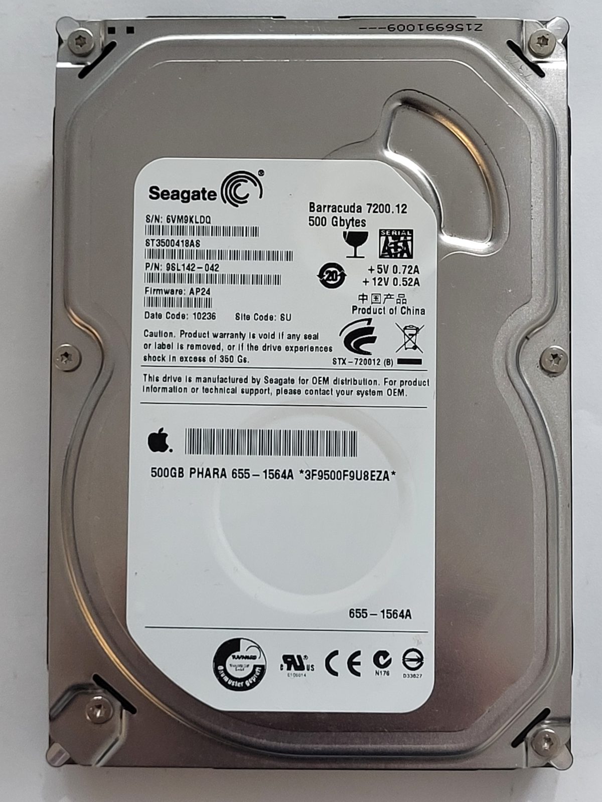 ST3500418AS, PN:9SL142-042, SN:6VM, SU, FW:AP24, 10236 | Seagate 500Go 3,5" SATA HDD STK