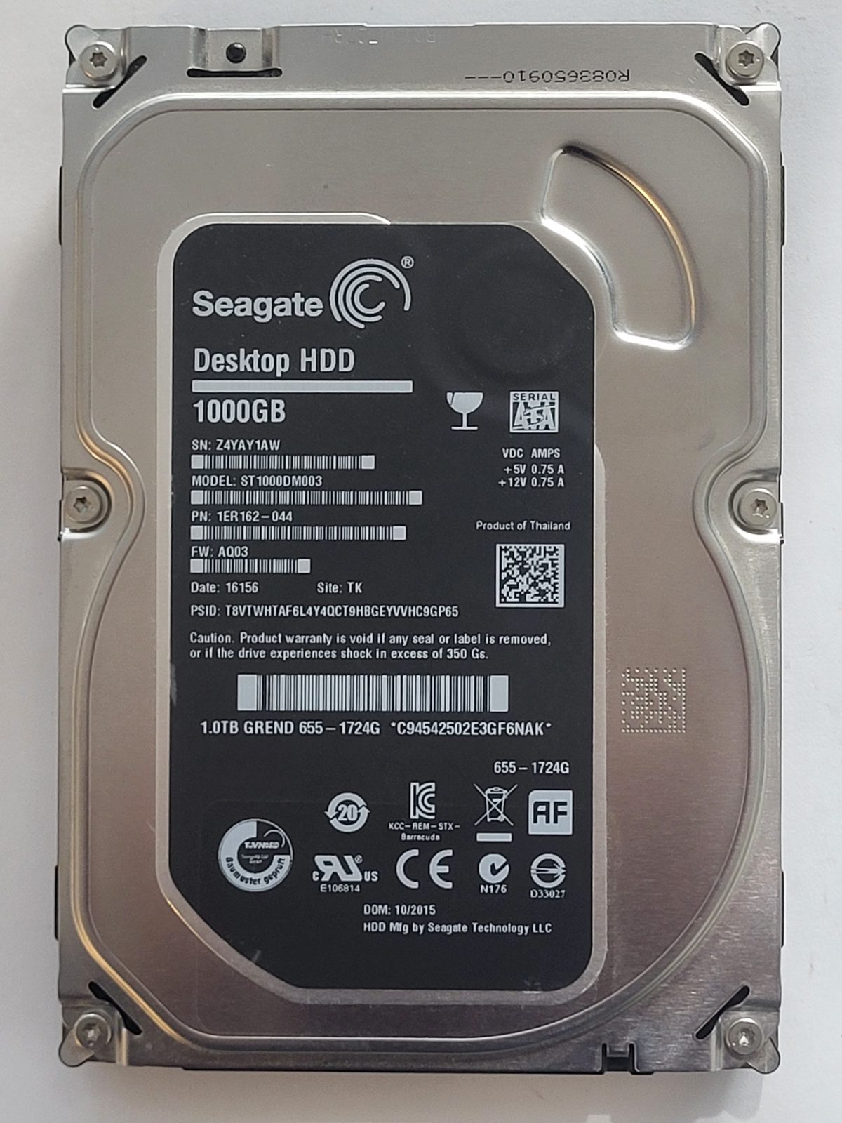 ST1000DM003, PN:1ER162-044, SN:Z4Y, TK, FW:AQ03, 16156 | Seagate 1To 3,5" SATA HDD STK