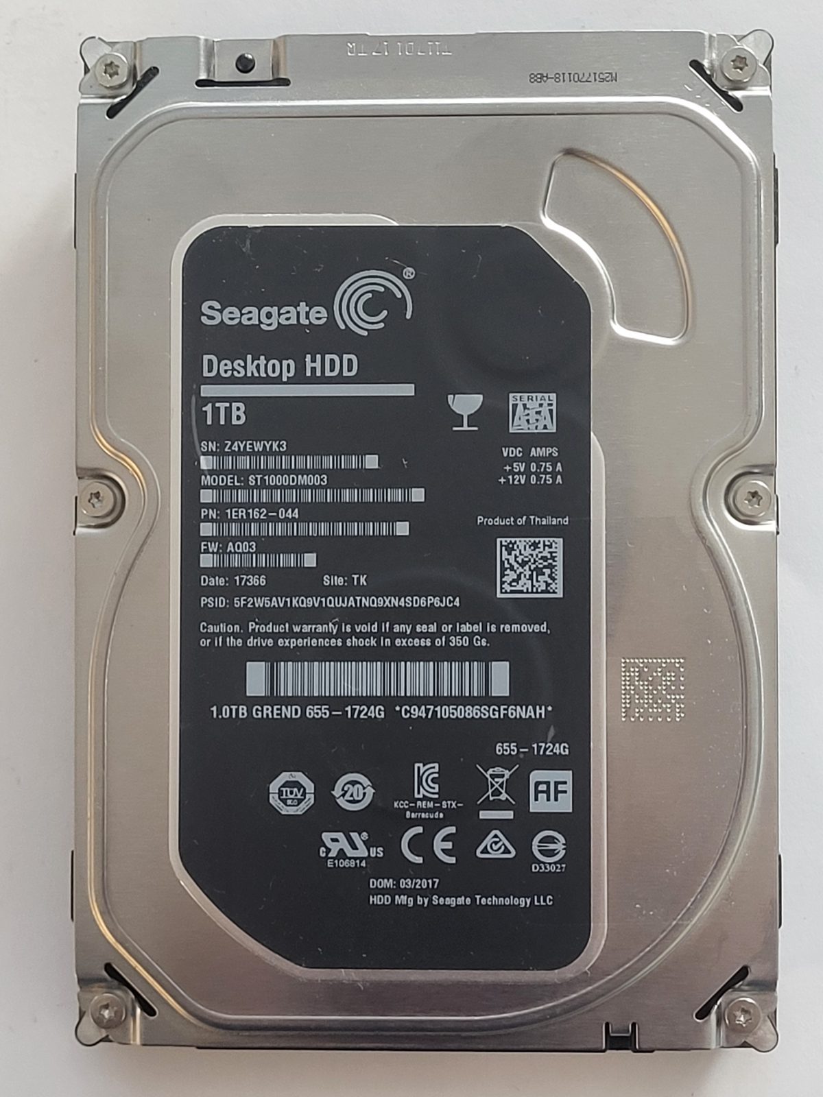 ST1000DM003, PN:1ER162-044, SN:Z4Y, TK, FW:AQ03, 17366 | Seagate 1To 3,5" SATA HDD STK