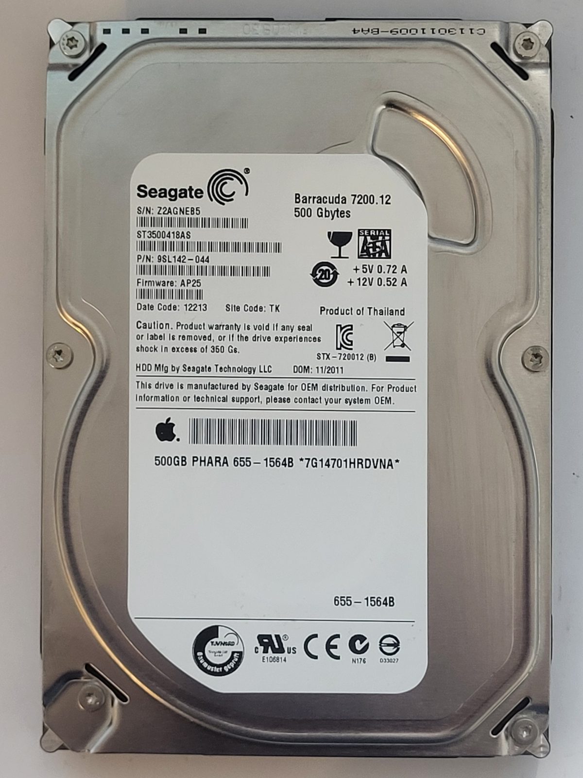 ST3500418AS, PN:9SL142-044, SN:Z2A, TK, FW:AP25, 12213 | Seagate 500Go 3,5" SATA HDD STK