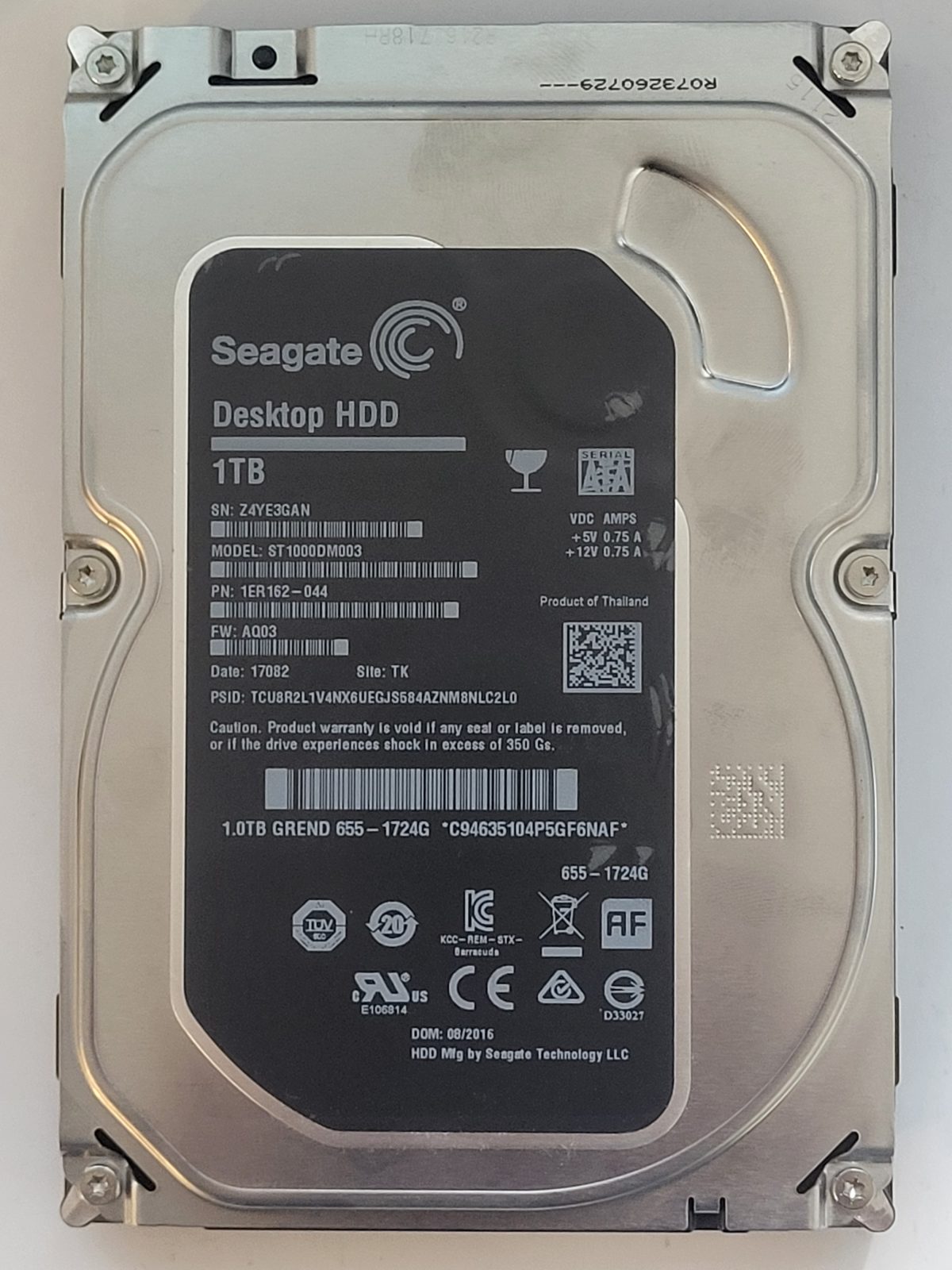 ST1000DM003, PN:1ER162-044, SN:Z4Y, TK, FW:AQ03, 17082 | Seagate 1To 3,5" SATA HDD STK