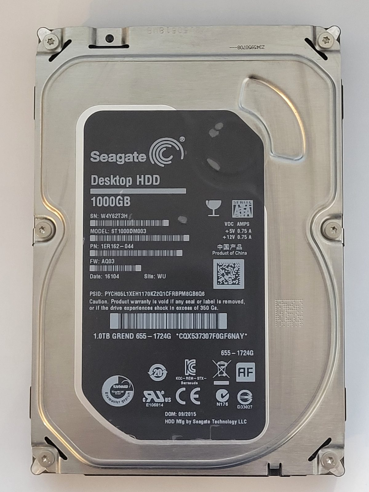 ST1000DM003, PN:1ER162-044, SN:W4Y, WU, FW:AQ03, 16104 | Seagate 1To 3,5" SATA HDD STK