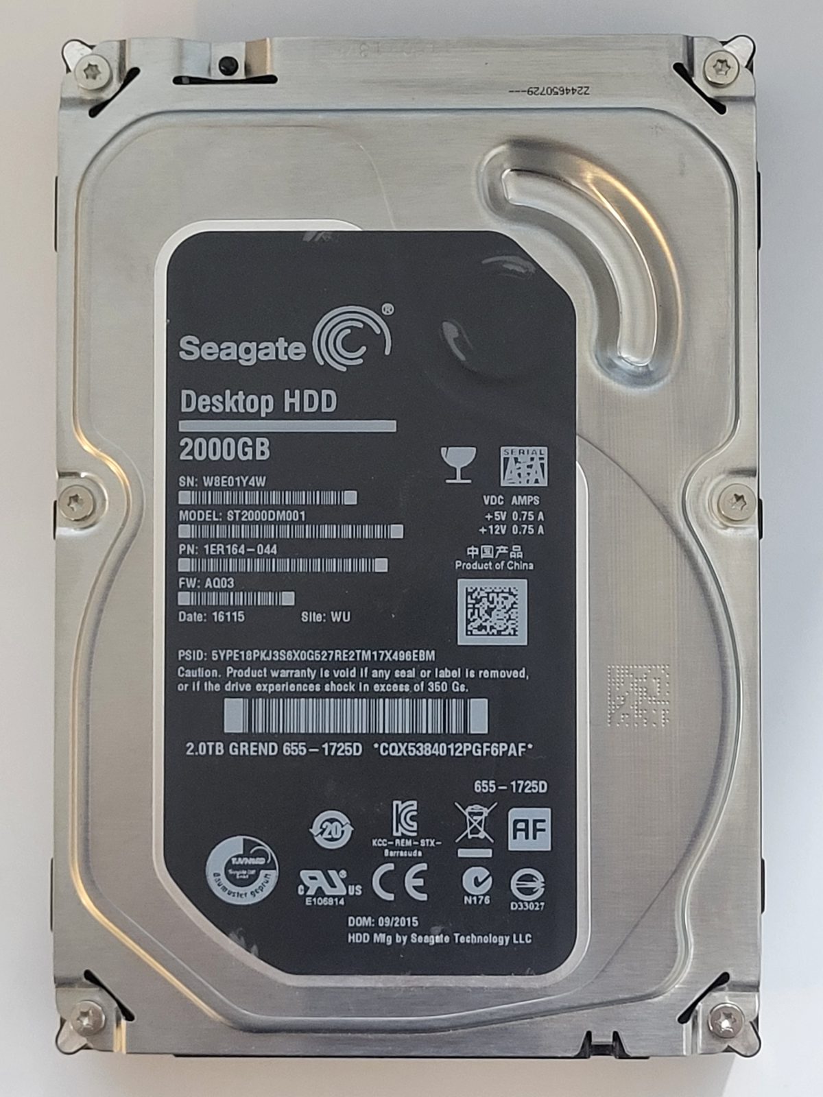ST2000DM001, PN:1ER164-044, SN:W8E, WU, FW:AQ03, 16115 | Seagate 2To 3,5" SATA HDD STK