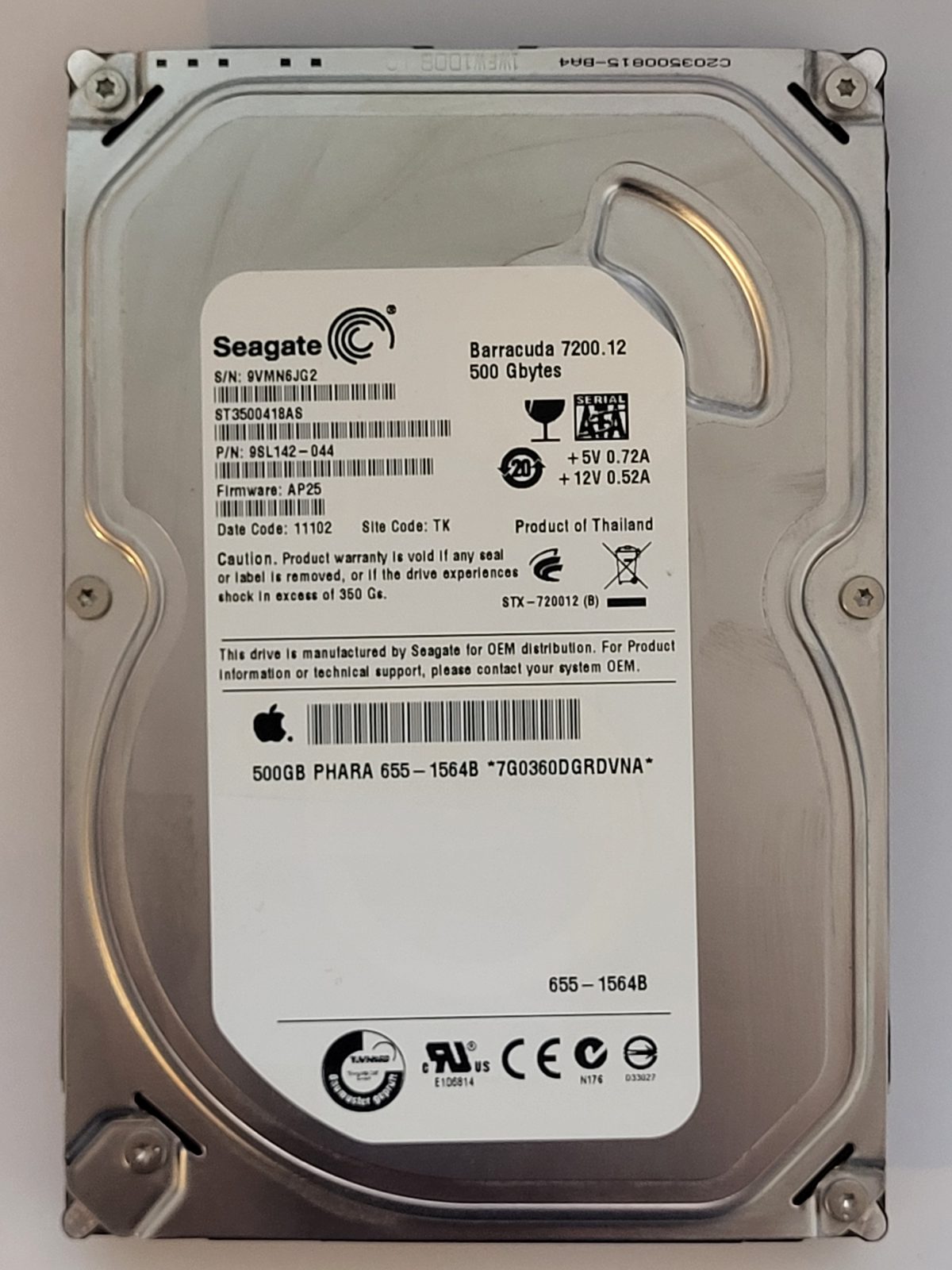 ST3500418AS, PN:9SL142-044, SN:9VM, TK, FW:AP25, 11102 | Seagate 500Go 3,5" SATA HDD STK