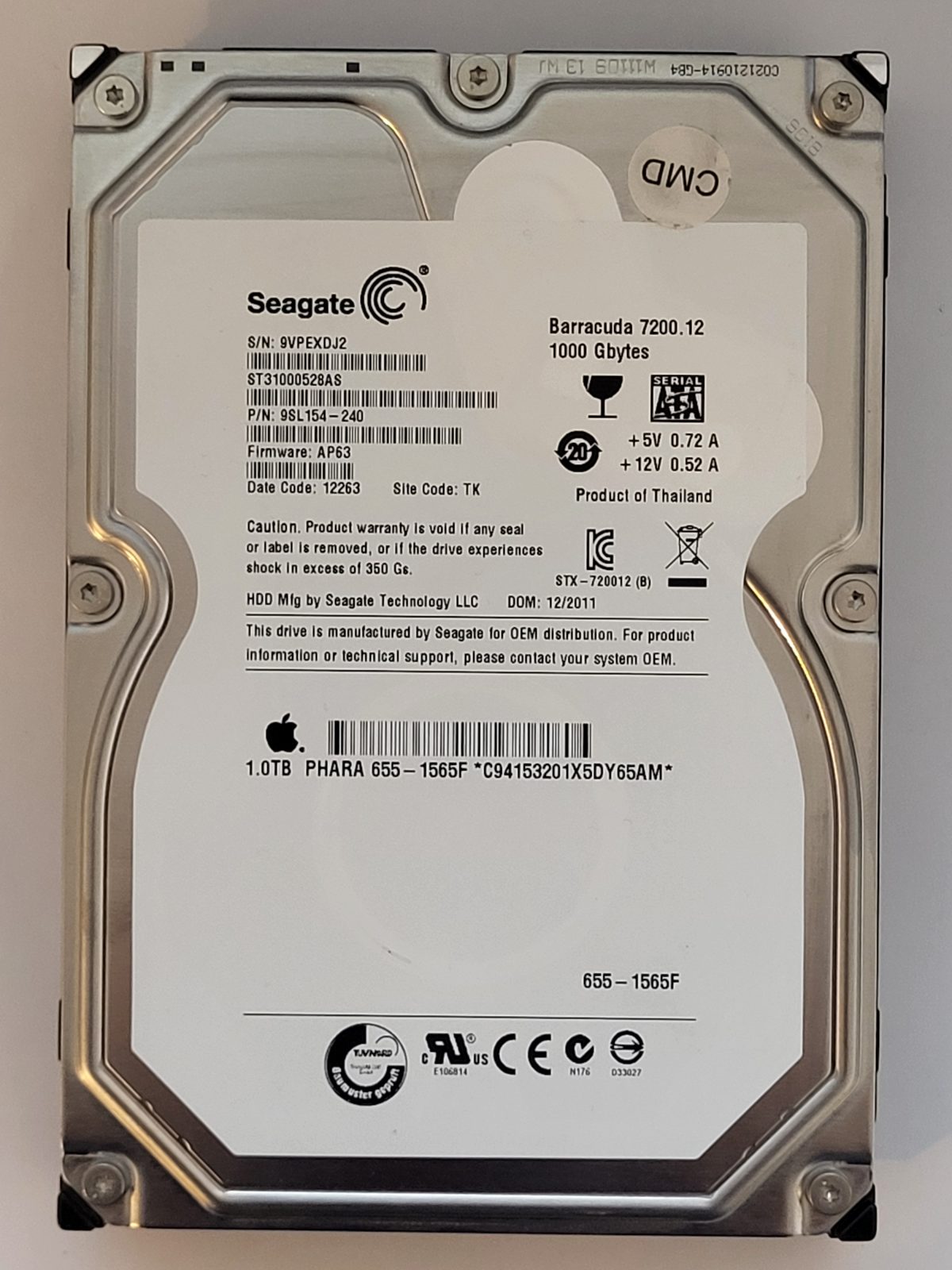 ST31000528AS, PN:9SL154-240, SN:9VP, TK, FW:AP63, 12263 | Seagate 1To 3,5" SATA HDD STK