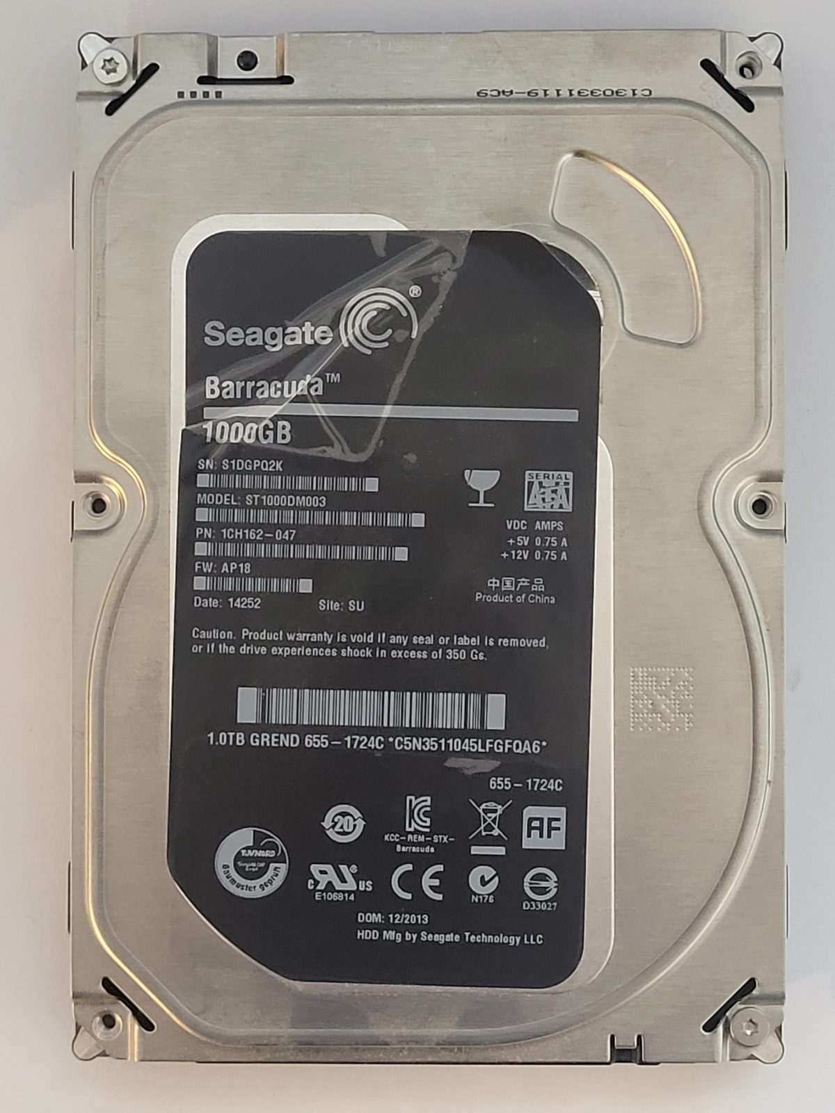 ST1000DM003, PN:1CH162-047, SN:S1D, SU, FW:AP18, 14252 | Seagate 1To 3,5" SATA HDD STK