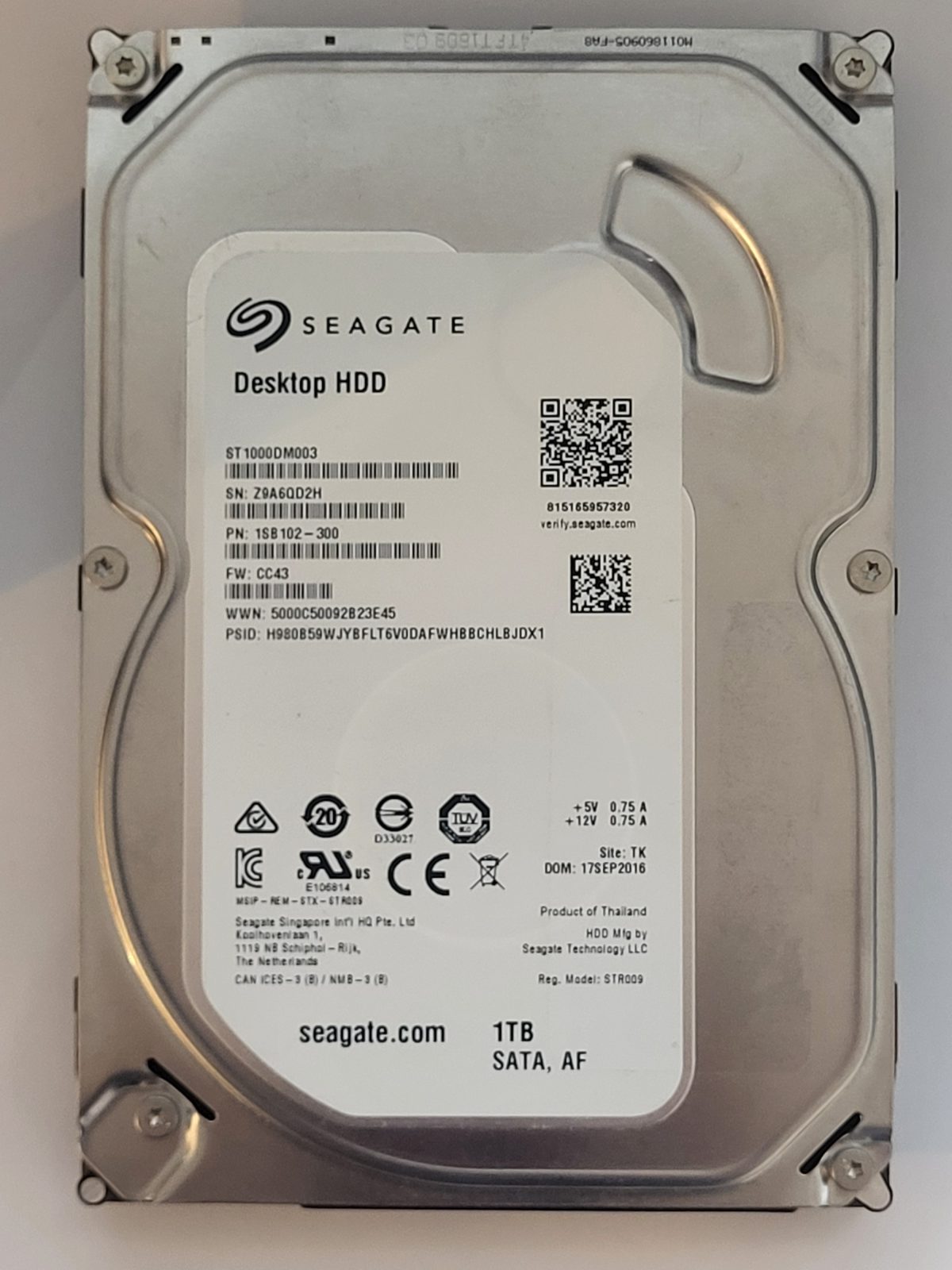 ST1000DM003, PN:1SB102-300, SN:Z9A, TK, FW:CC43, 17 SEP 2016 | Seagate 1To 3,5" SATA HDD STK