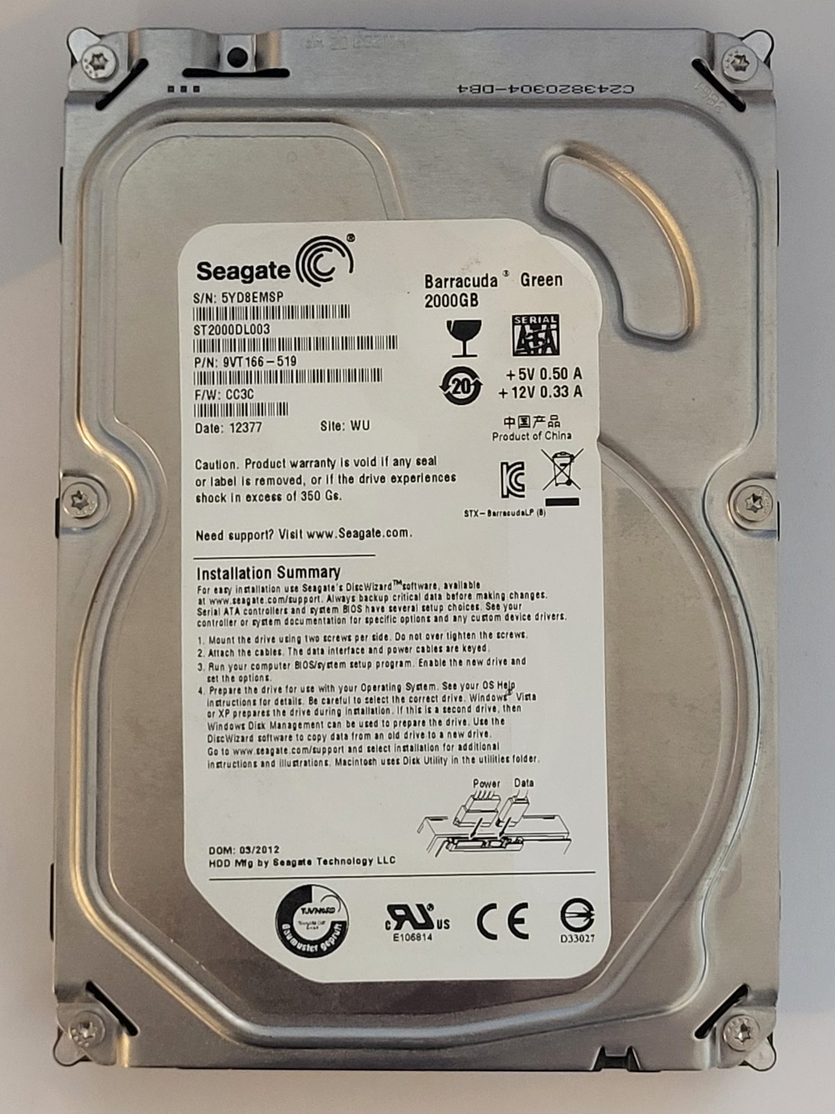 ST2000DL003, PN:9VT166-519, SN:5YD, WU, FW:CC3C, 12377 | Seagate 2To 3,5" SATA HDD STK