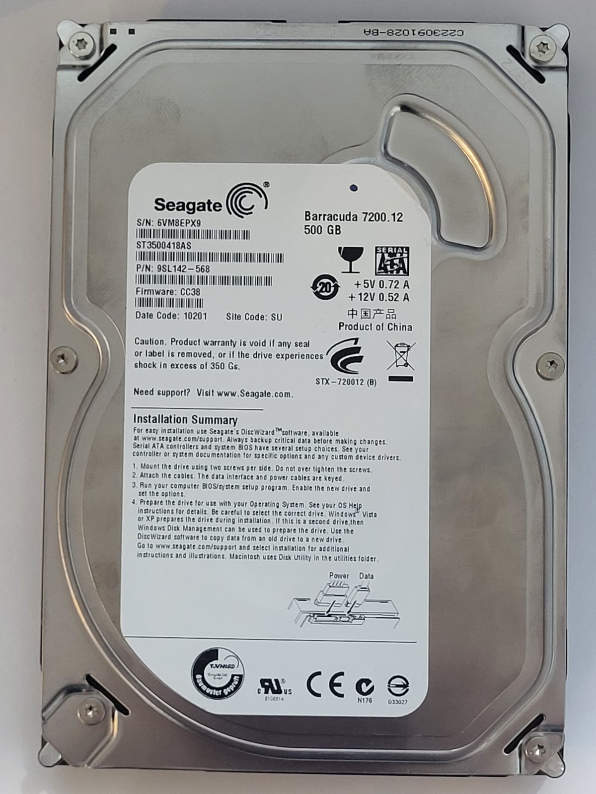 ST3500418AS, PN:9SL142-568, SN:6VM, SU, FW:CC38, 10201 | Seagate 500Go 3,5" SATA HDD STK