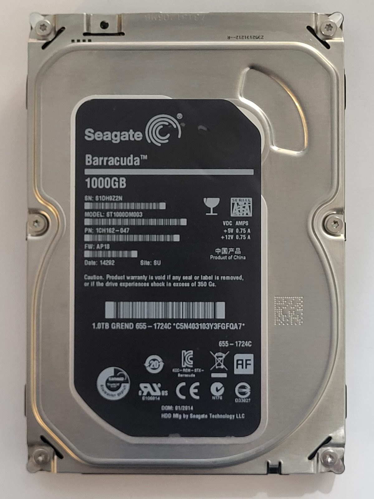 ST1000DM003, PN:1CH162-047, SN:S1D, SU, FW:AP18, 14292 | Seagate 1To 3,5" SATA HDD STK