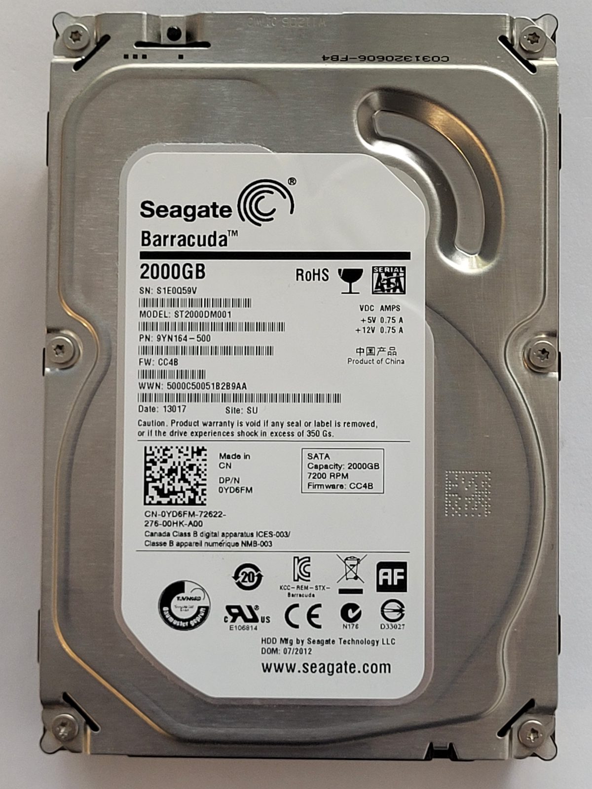 ST2000DM001, PN:9YN164-500, SN:S1E, SU, FW:CC4B, 13017 | Seagate 2To 3,5" SATA HDD STK