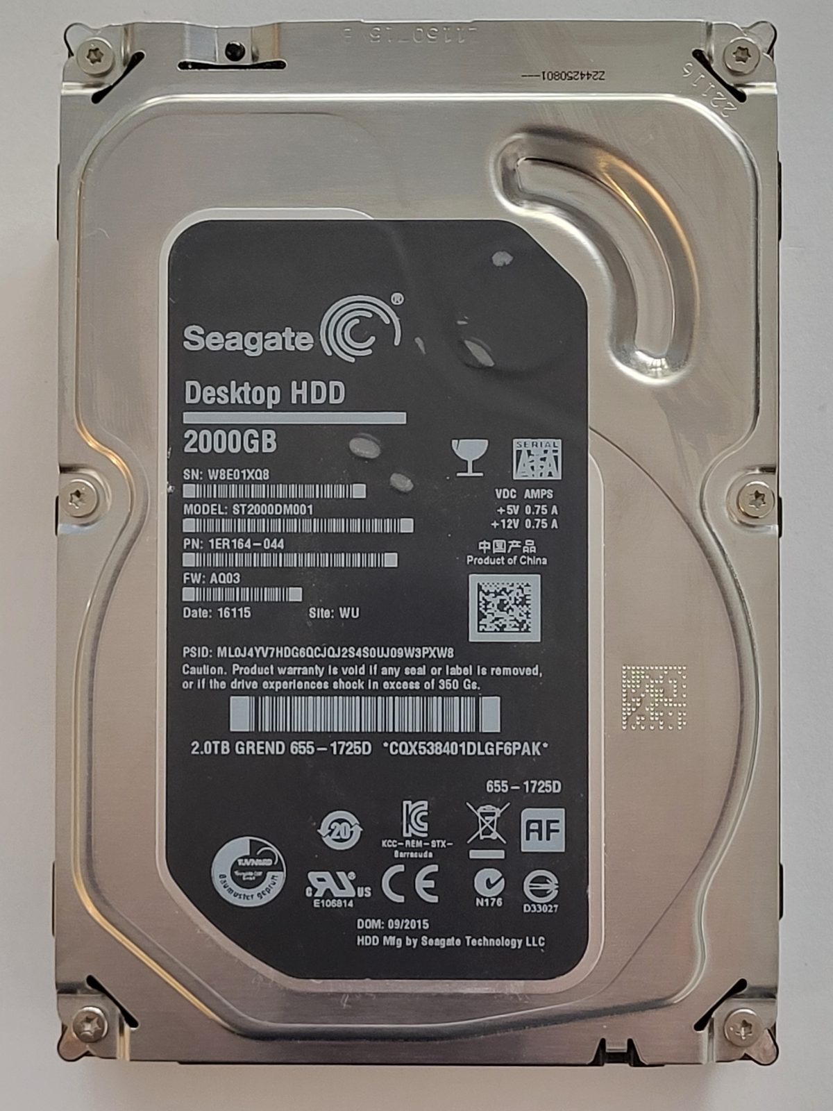 ST2000DM001, PN:1ER164-044, SN:W8E, WU, FW:AQ03, 16115 | Seagate 2To 3,5" SATA HDD STK