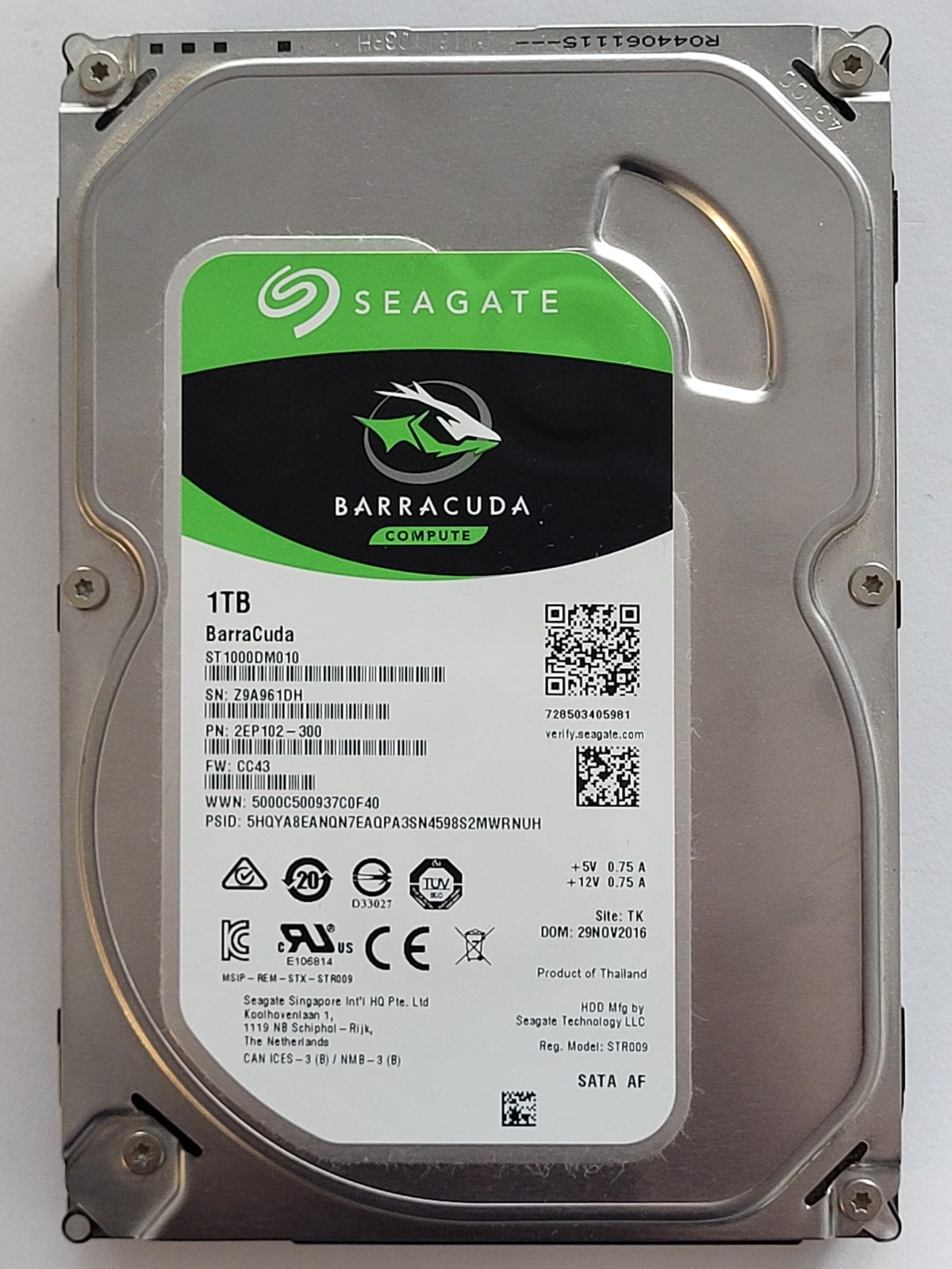 ST1000DM010, PN:2EP102-300, SN:Z9A, TK, FW:CC43, 29 NOV 2016 | Seagate 1To 3,5" SATA HDD STK