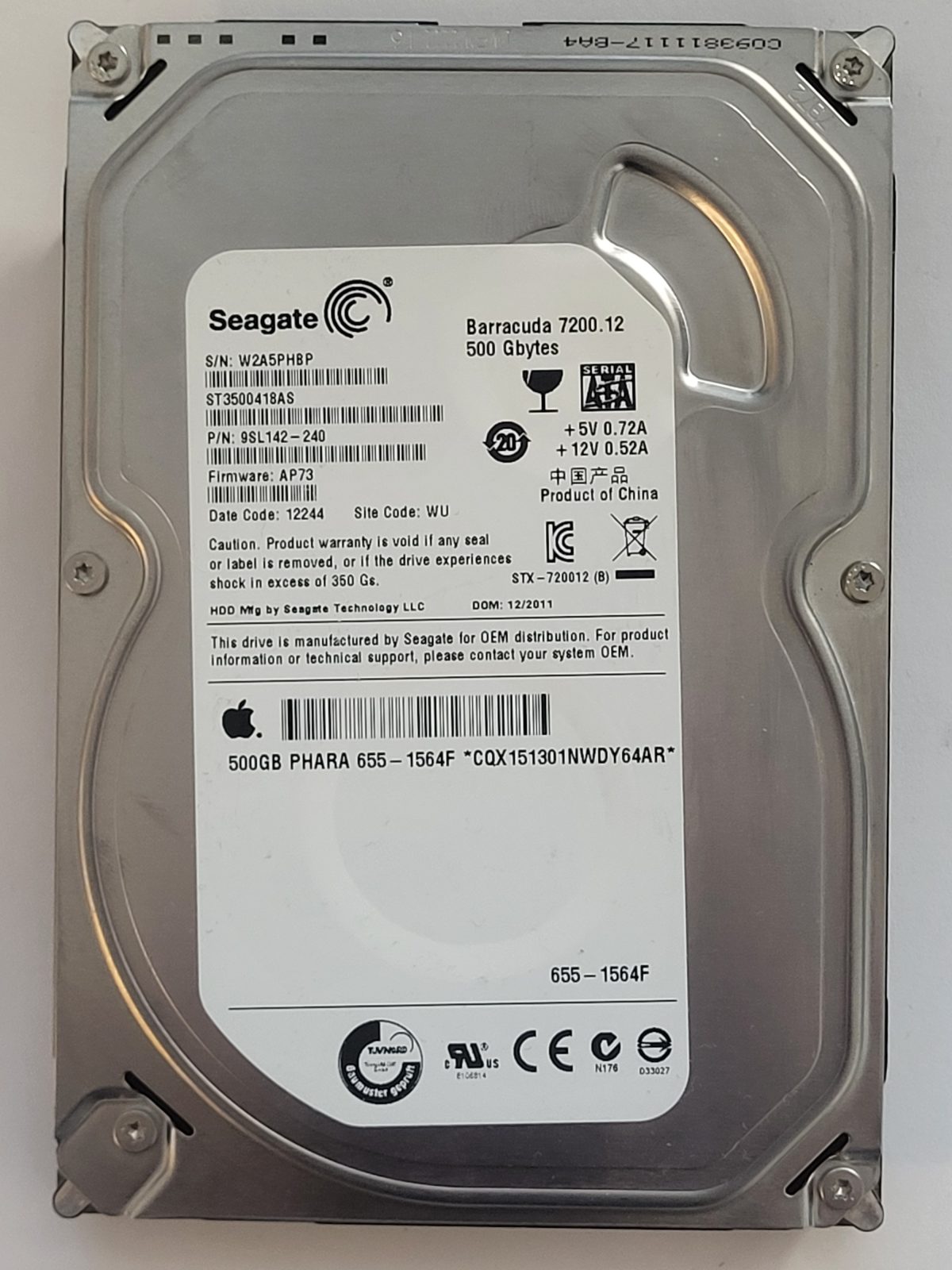 ST3500418AS, PN:9SL142-240, SN:W2A, WU, FW:AP73, 12244 | Seagate 500Go 3,5" SATA HDD STK