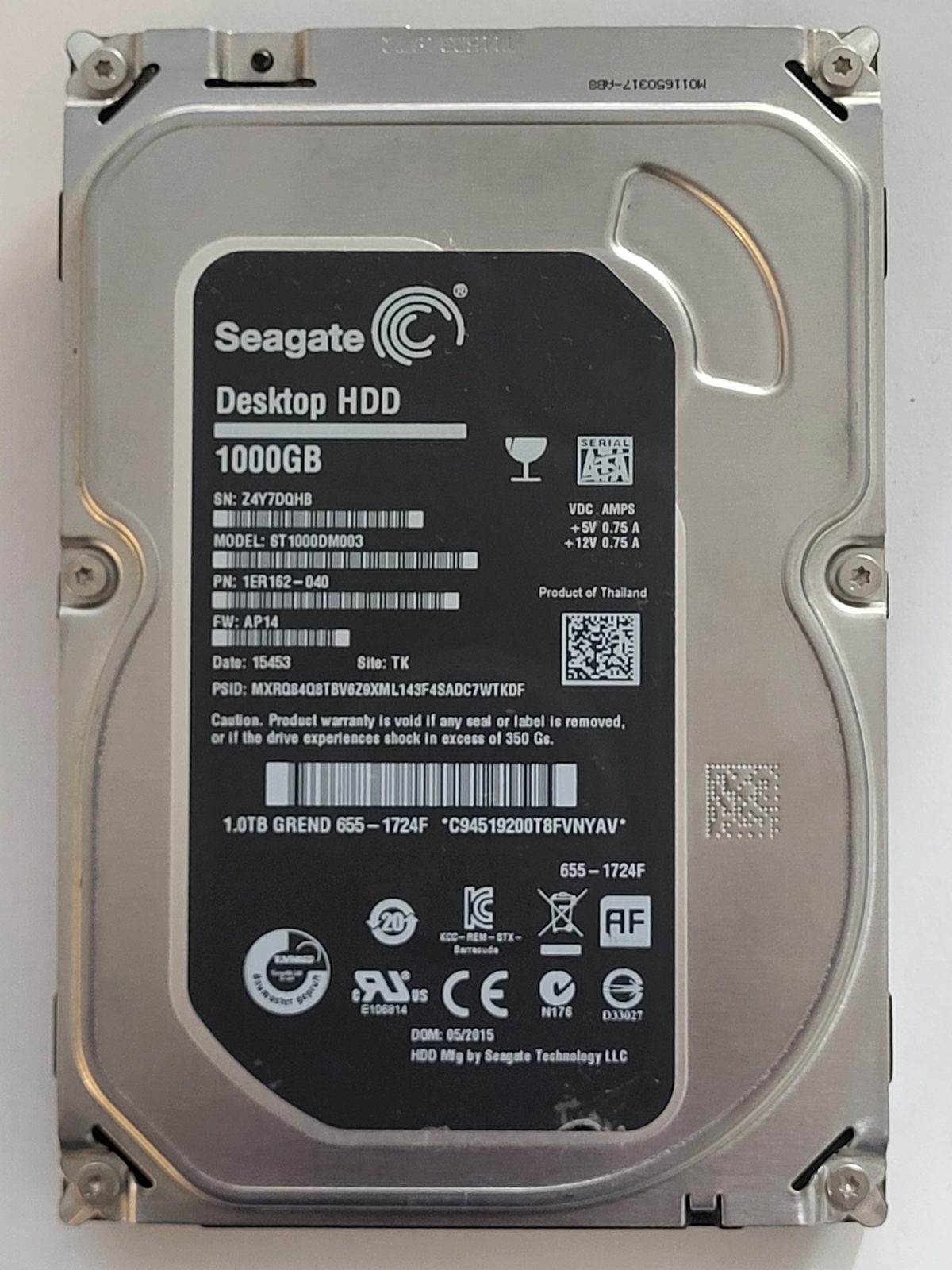 ST1000DM003, PN:1ER162-040, SN:Z4Y, TK, FW:AP14, 15453 | Seagate 1To 3,5" SATA HDD STK