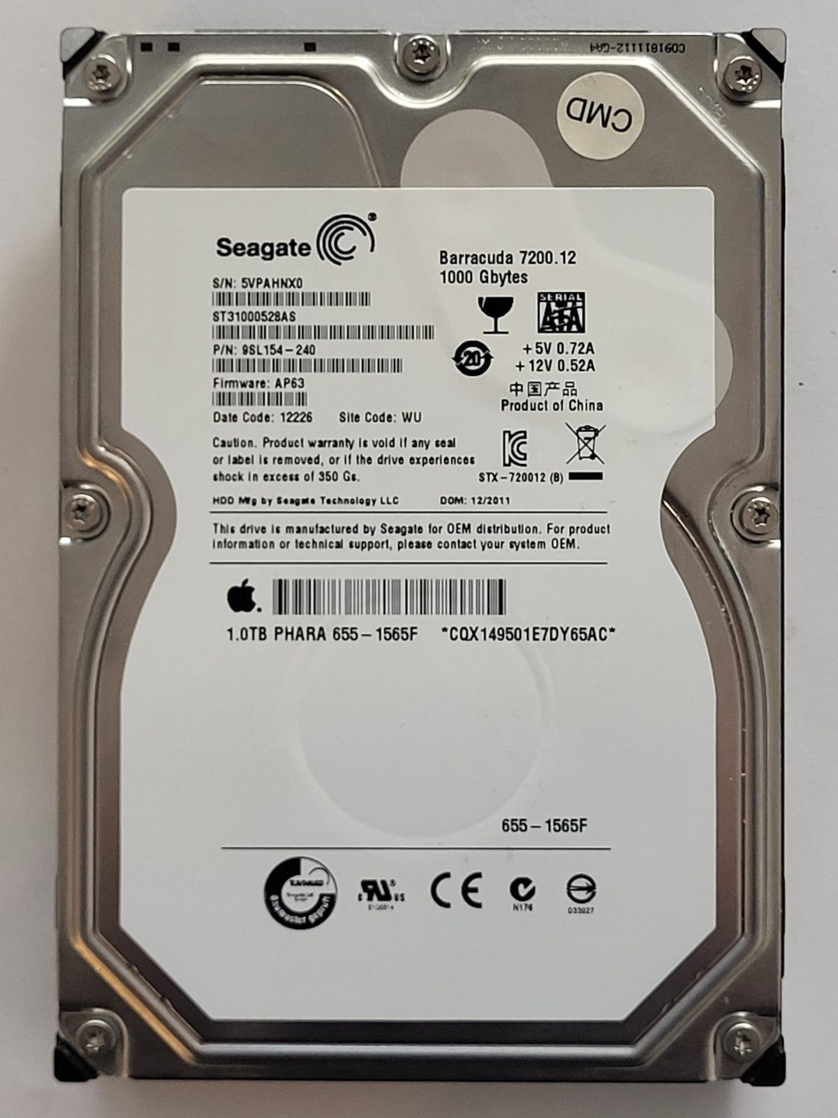 ST31000528AS, PN:9SL154-240, SN:5VP, WU, FW:AP63, 12226 | Seagate 1To 3,5" SATA HDD STK