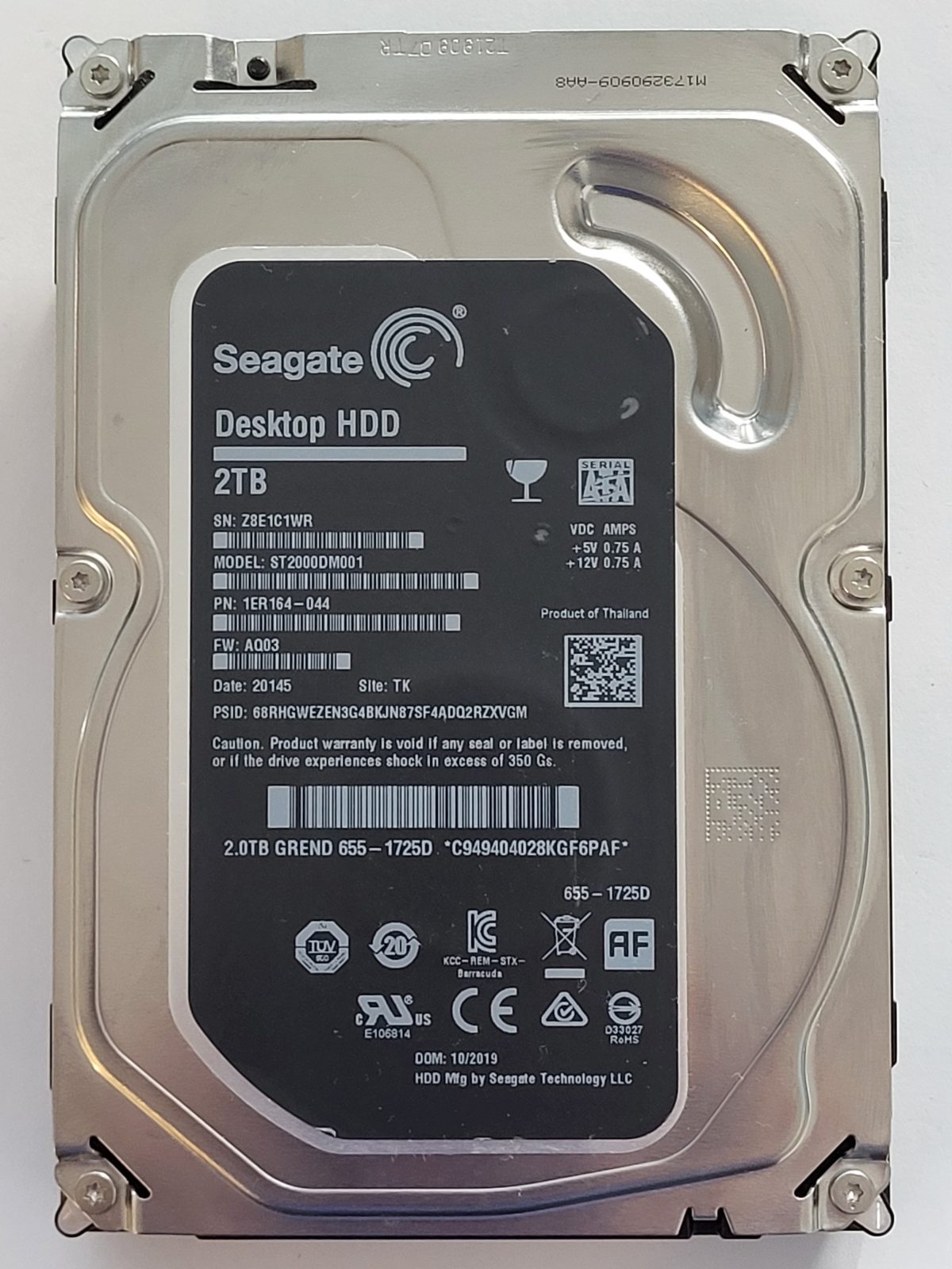 ST2000DM001, PN:1ER164-044, SN:Z8E, TK, FW:AQ03, 20145 | Seagate 2To 3,5" SATA HDD STK