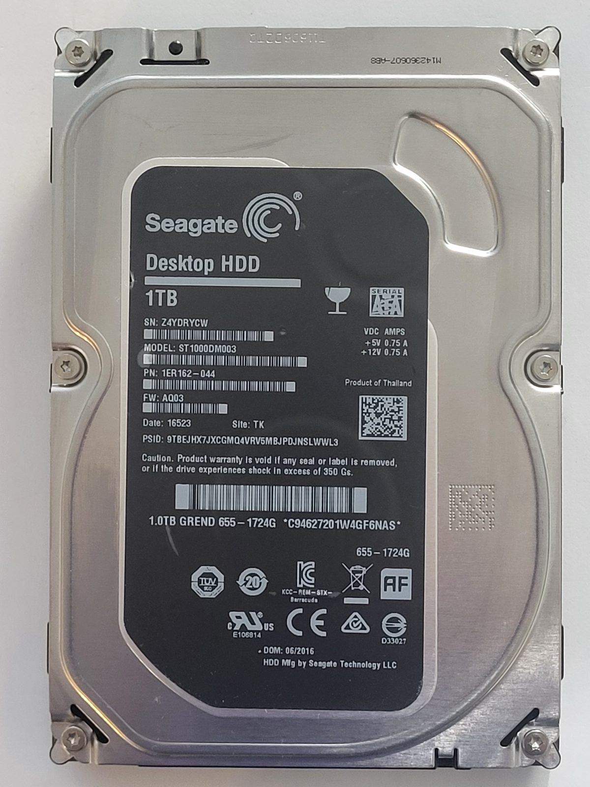 ST1000DM003, PN:1ER162-044, SN:Z4Y, TK, FW:AQ03, 16523 | Seagate 1To 3,5" SATA HDD STK