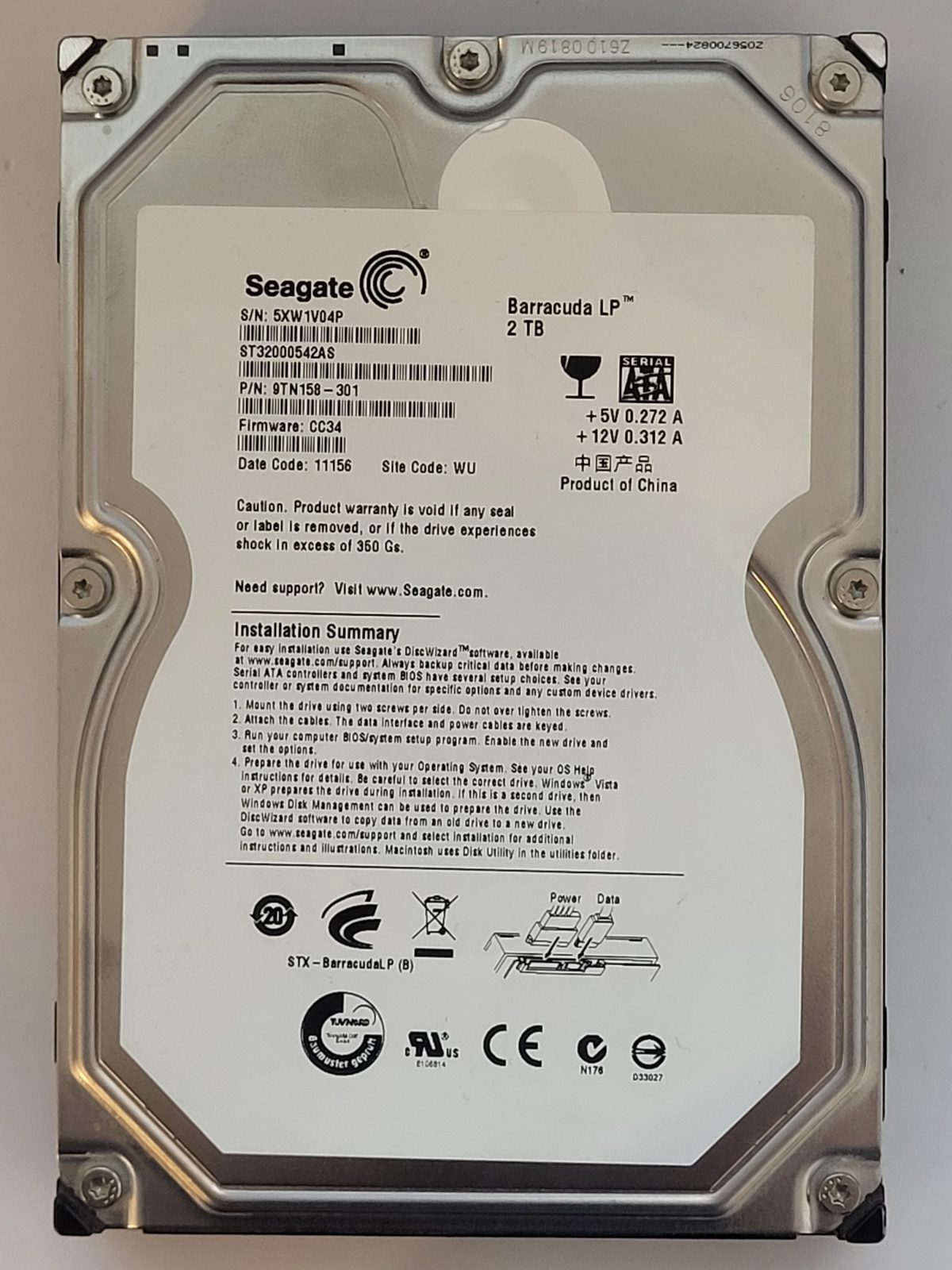 ST32000542AS, PN:9TN158-301, SN:5XW, WU, FW:CC34, 11156 | Seagate 2To 3,5" SATA HDD STK