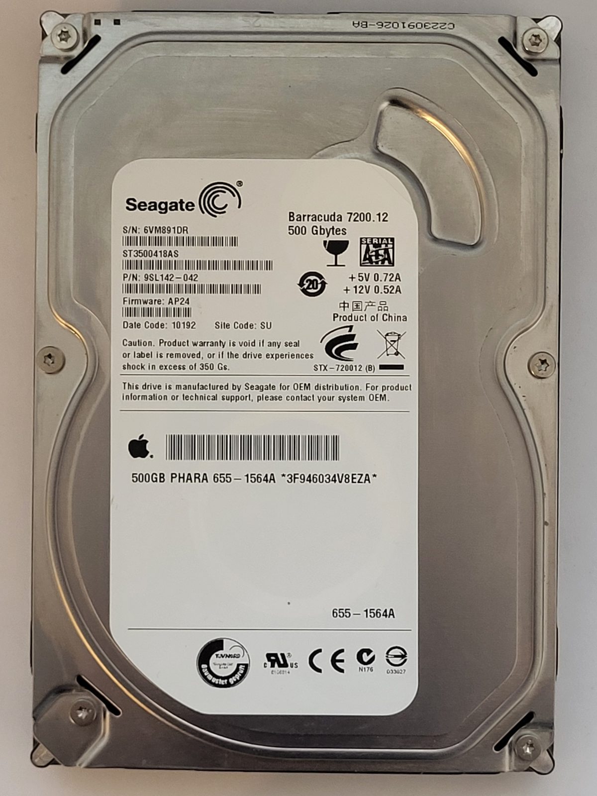 ST3500418AS, PN:9SL142-042, SN:6VM, SU, FW:AP24, 10192 | Seagate 500Go 3,5" SATA HDD STK