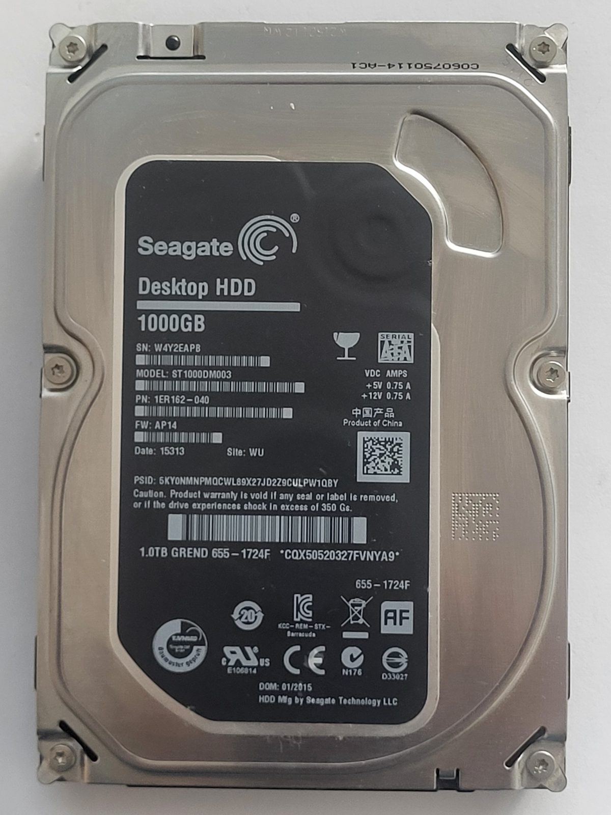 ST1000DM003, PN:1ER162-040, SN:W4Y, WU, FW:AP14, 15313 | Seagate 1To 3,5" SATA HDD STK