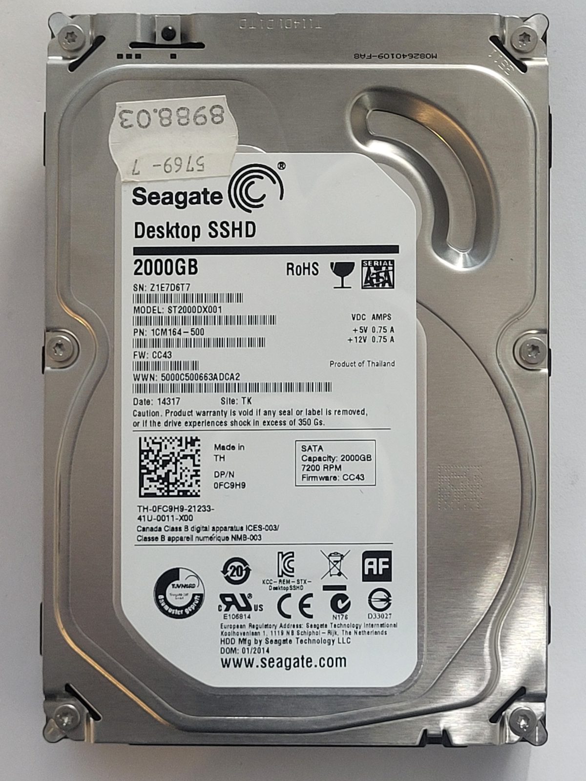 ST2000DX001, PN:1CM164-500, SN:Z1E, TK, FW:CC43, 14317 | Seagate 2To 3,5" SATA HDD STK