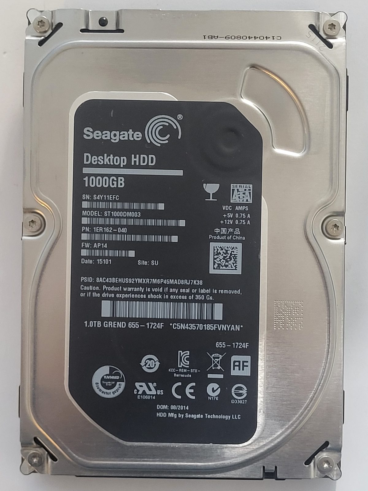 ST1000DM003, PN:1ER162-040, SN:S4Y, SU, FW:AP14, 15101 | Seagate 1To 3,5" SATA HDD STK
