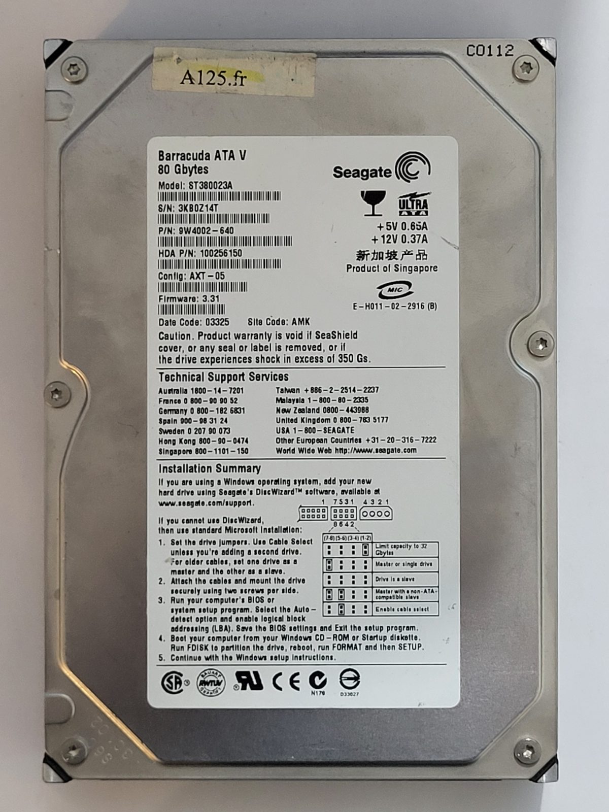 ST380023A, PN:9W4002-640, SN:3KB, AMK, FW:3.31, 03325 | Seagate 80Go 3,5" PATA HDD STK