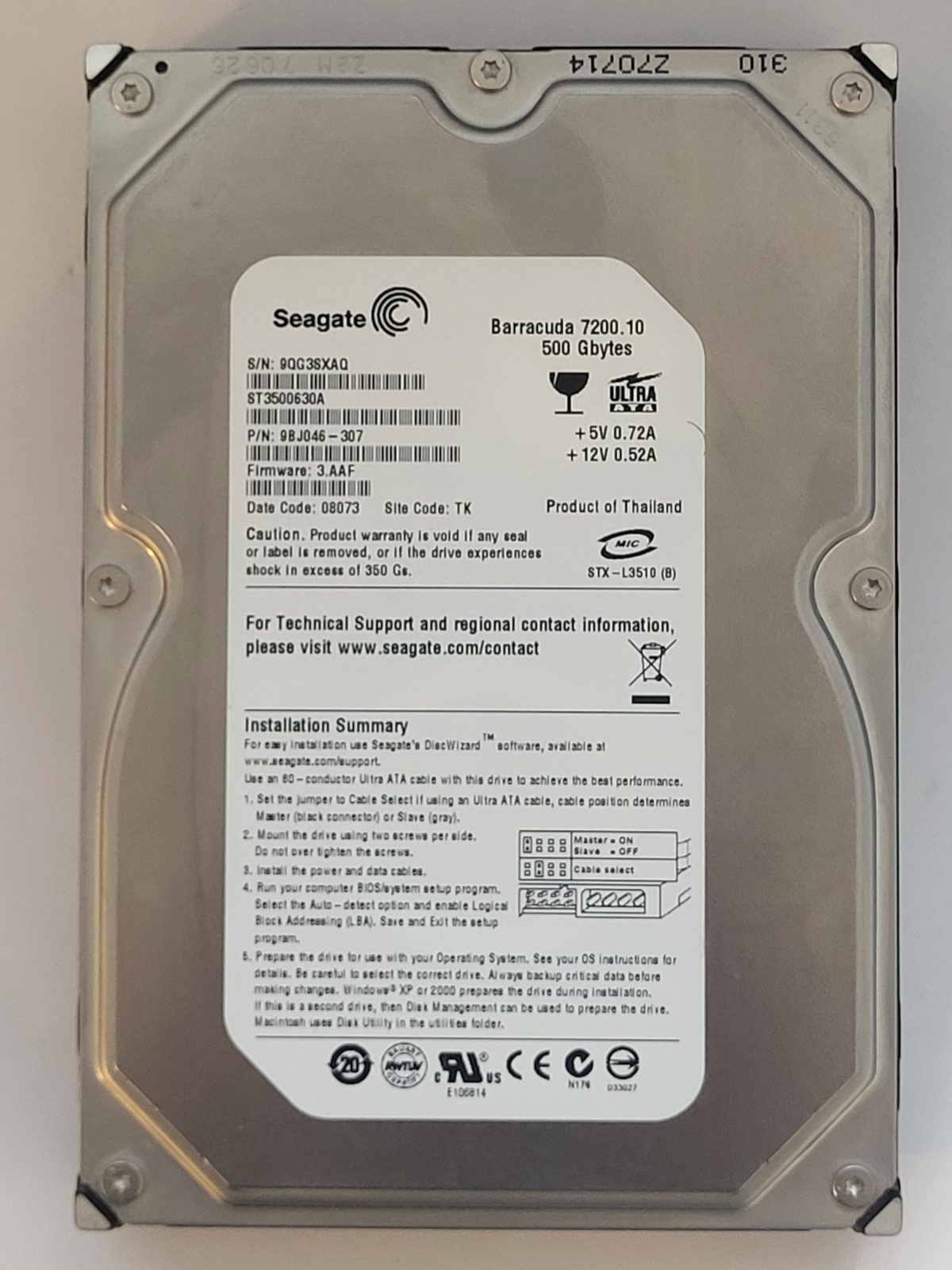 ST3500630A, PN:9BJ046-307, SN:9QG, TK, FW:3.AAF, 08073 | Seagate 500Go 3,5" PATA HDD STK