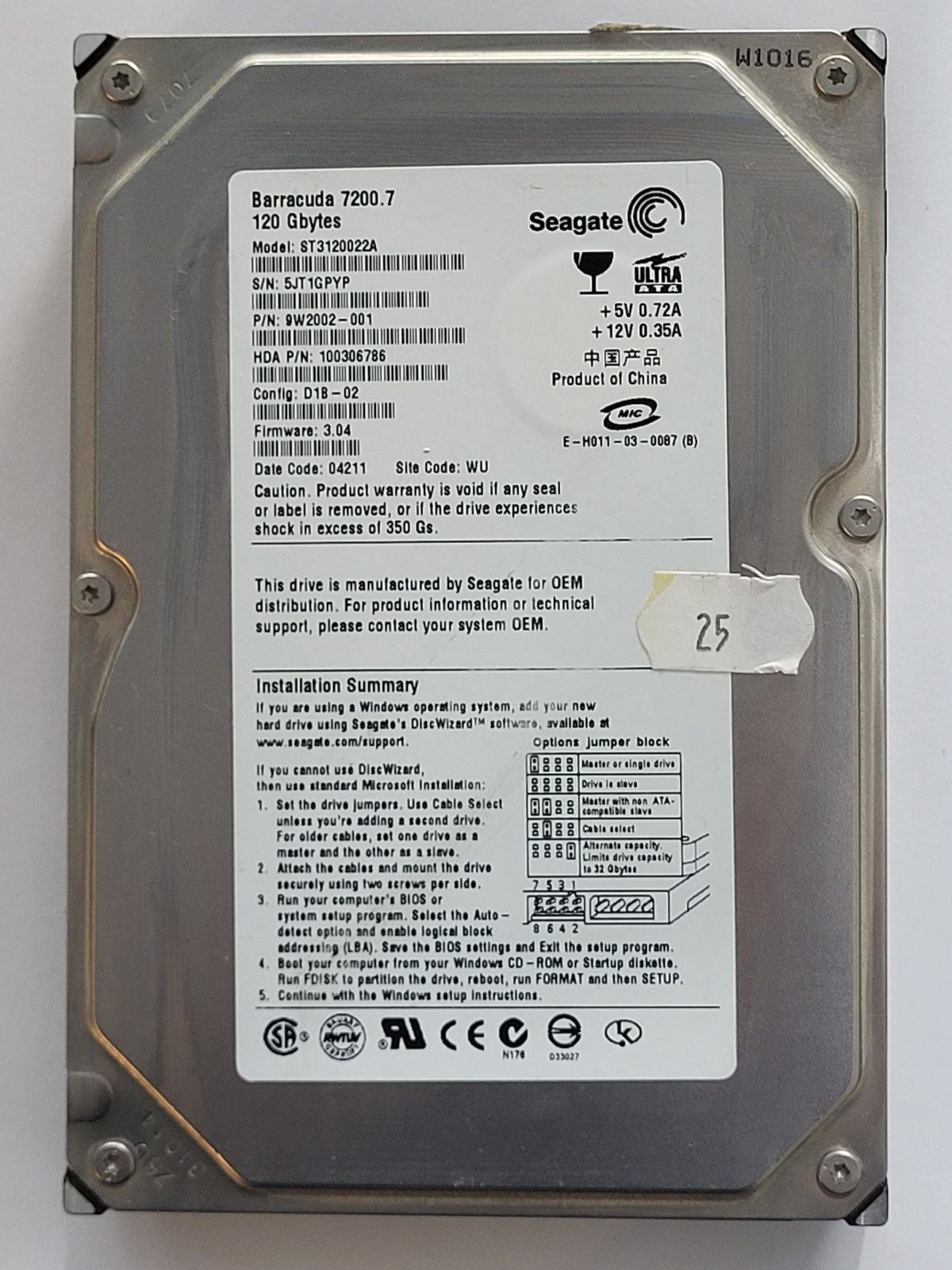 ST3120022A, PN:9W2002-001, SN:5JT, WU, FW:3.04, 04211 | Seagate 120Go 3,5" PATA HDD STK