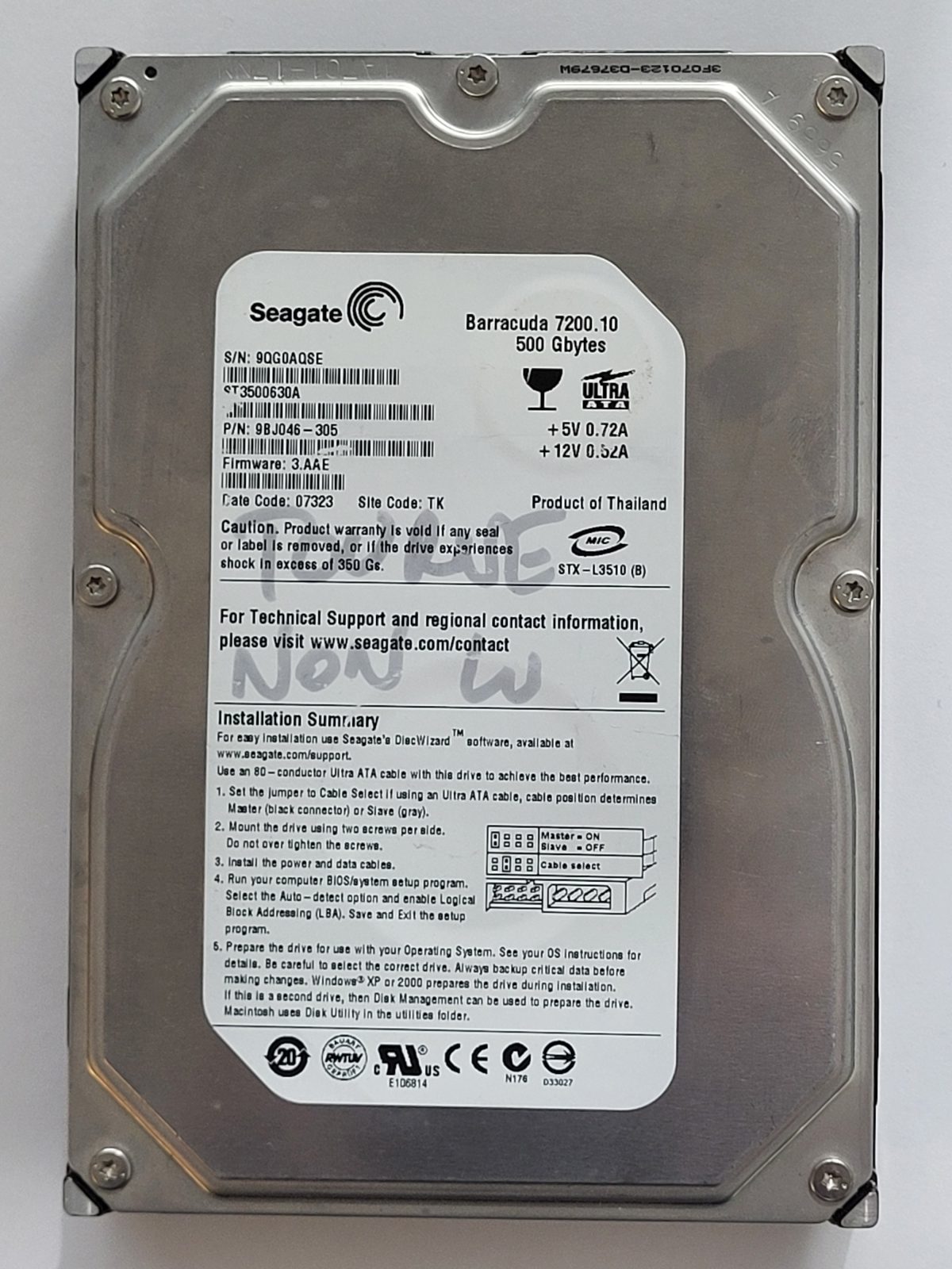 ST3500630A, PN:9BJ046-305, SN:9QG, TK, FW:3.AAE, 07323 | Seagate 500Go 3,5" PATA HDD STK