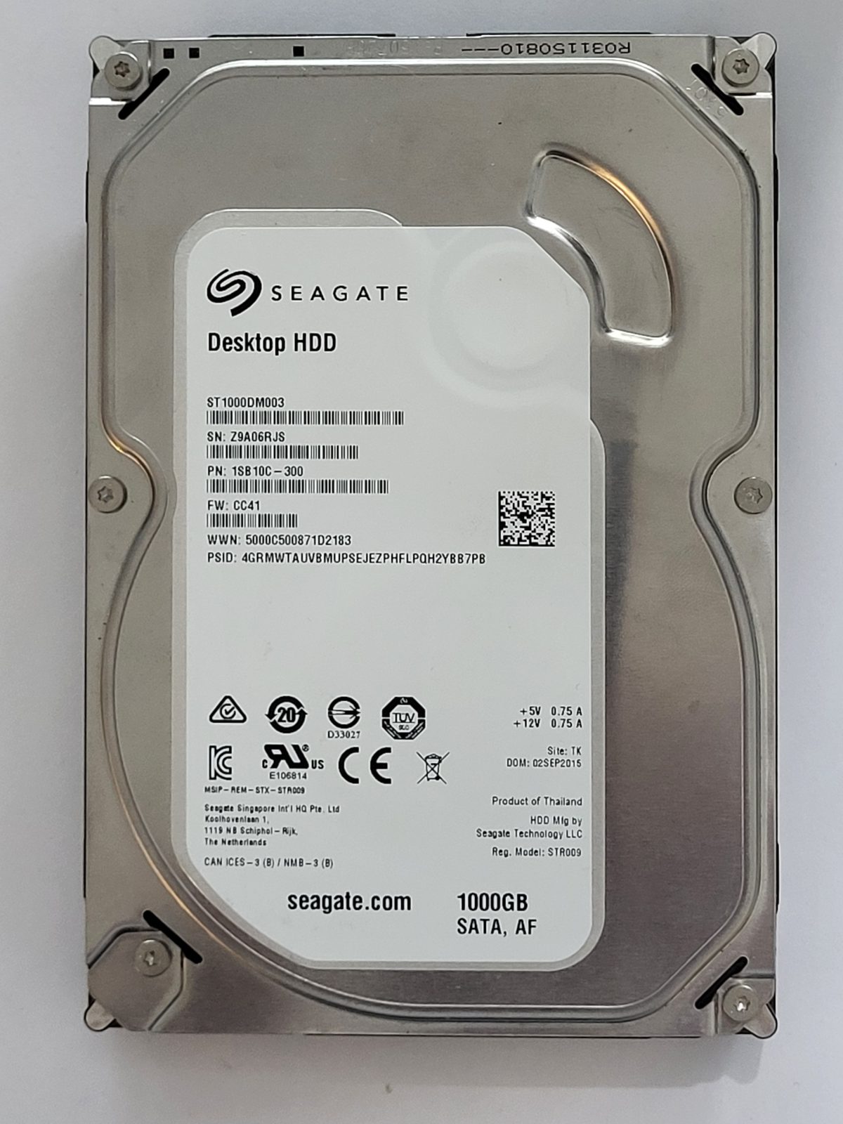 ST1000DM003, PN:1SB10C-300, SN:Z9A, TK, FW:CC41, 02 SEP 2015 | Seagate 1To 3,5" SATA HDD STK
