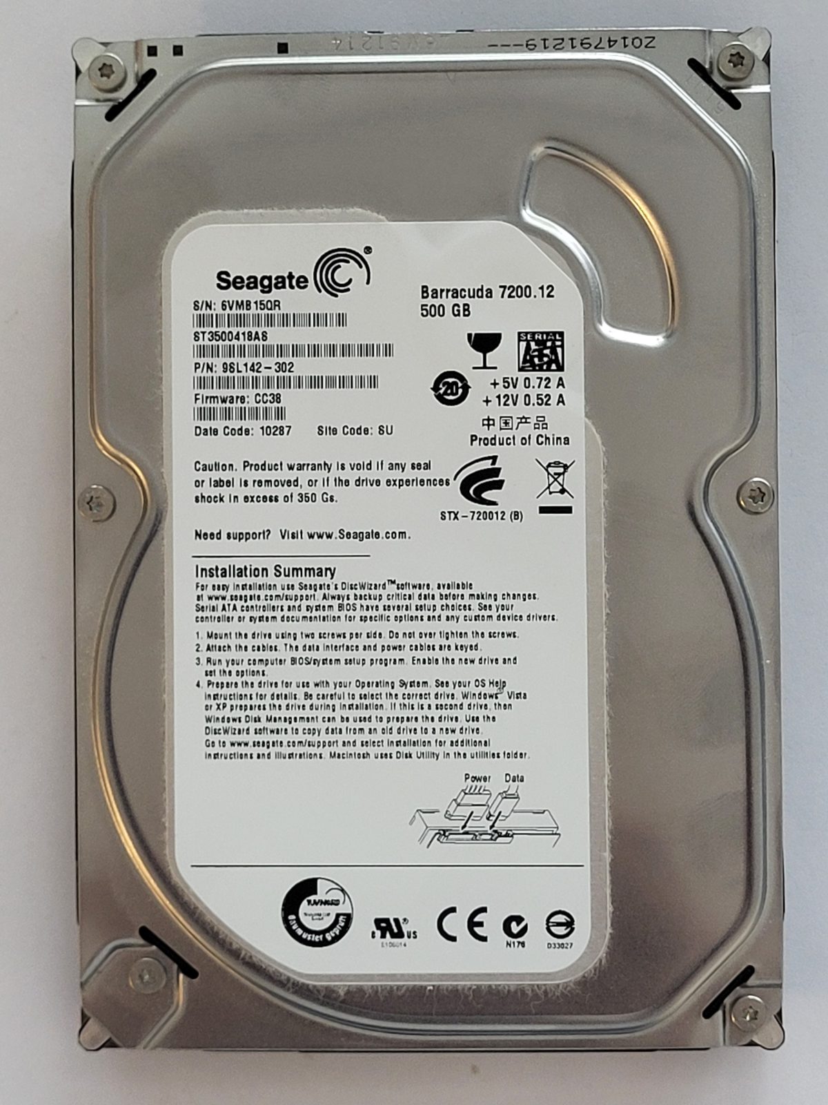 ST3500418AS, PN:9SL142-302, SN:6VM, SU, FW:CC38, 10287 | Seagate 500Go 3,5" SATA HDD STK