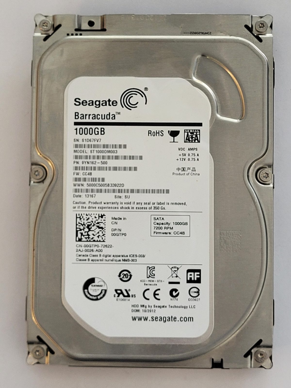 ST1000DM003, PN:9YN162-500, SN:S1D, SU, FW:CC4B, 13167 | Seagate 1To 3,5" SATA HDD STK