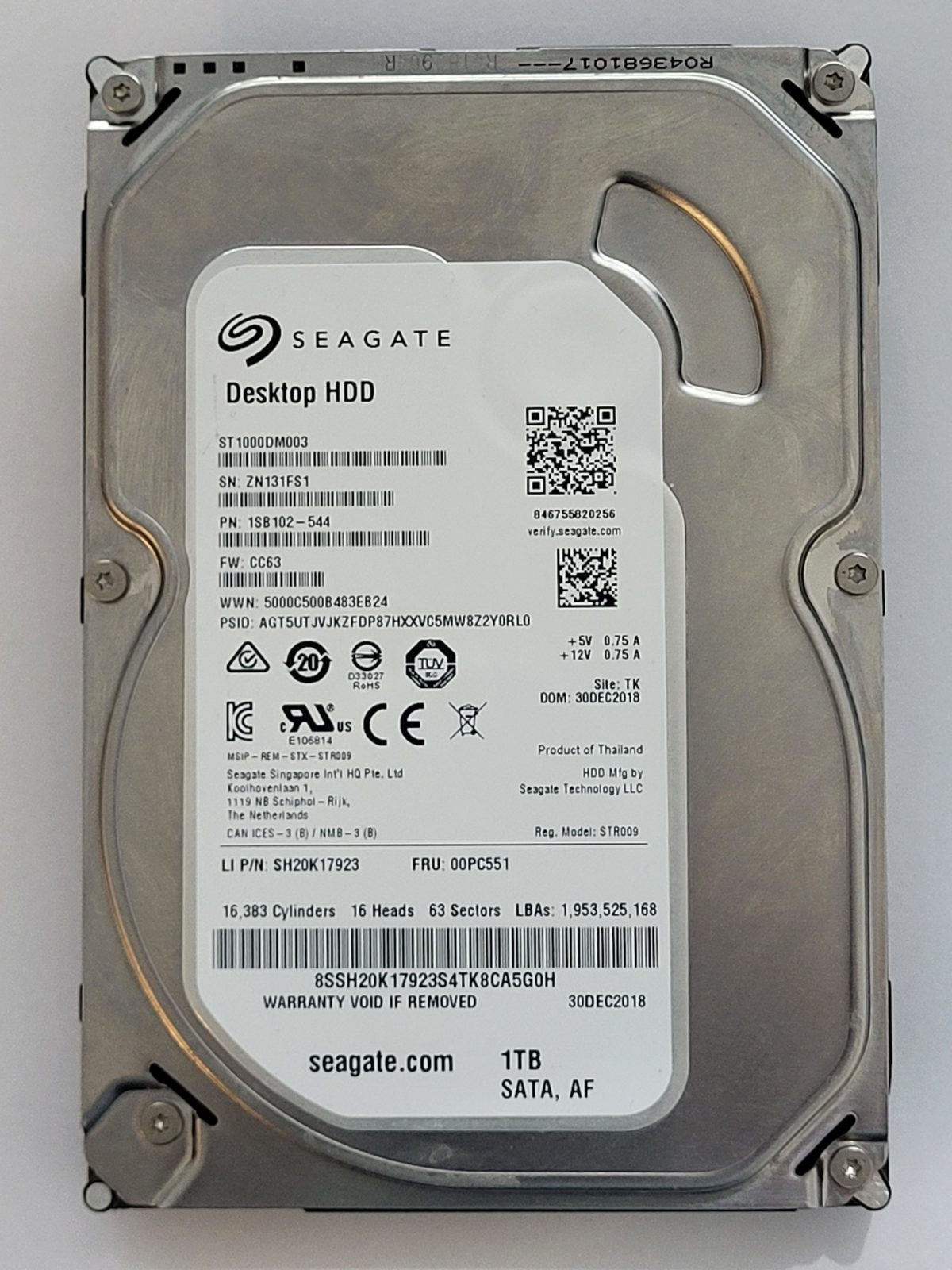 ST1000DM003, PN:1SB102-544, SN:ZN1, TK, FW:CC63, 30 DEC 2018 | Seagate 1To 3,5" SATA HDD STK