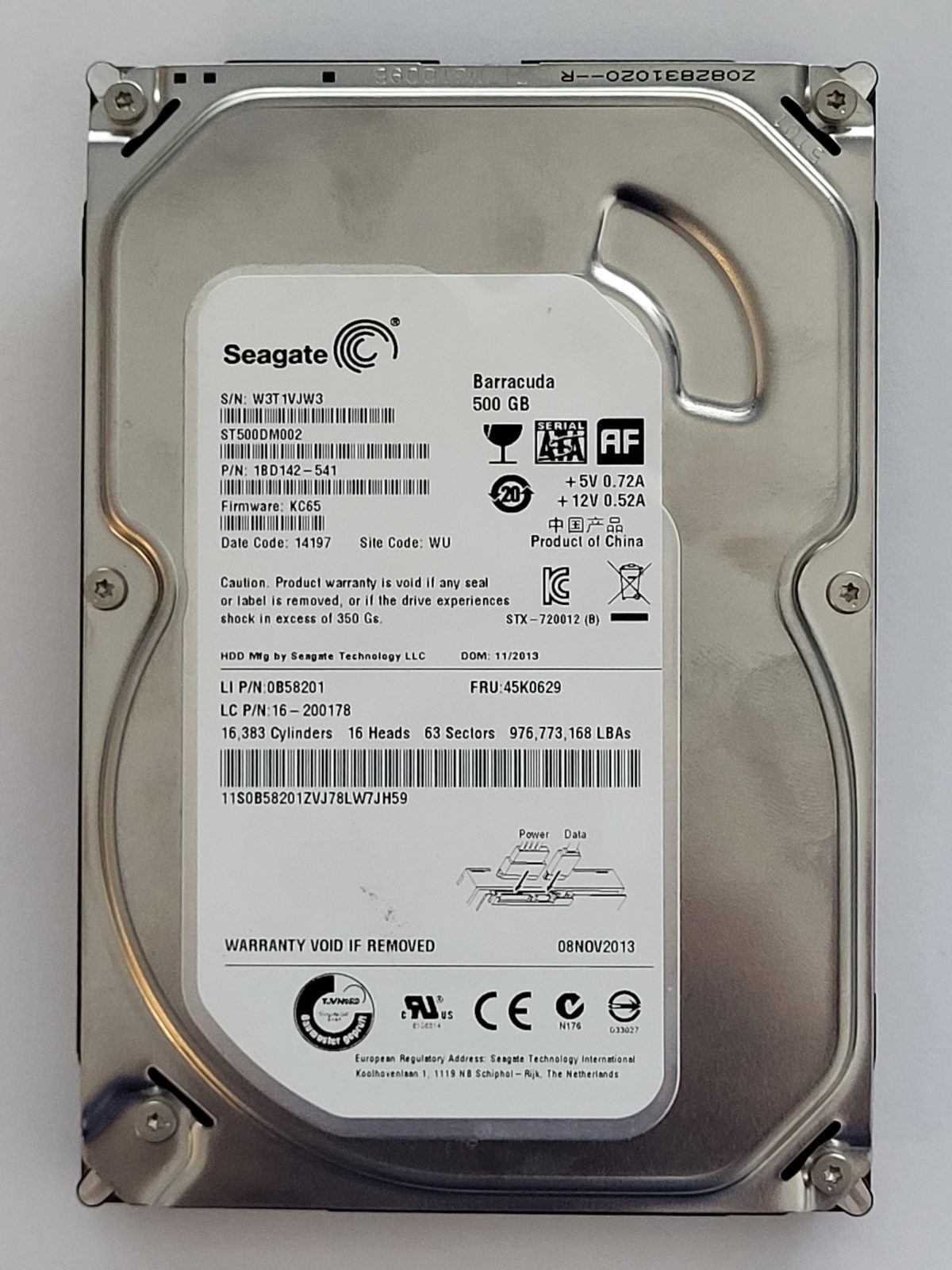 ST500DM002, PN:1BD142-541, SN:W3T, WU, FW:KC65, 14197 | Seagate 500Go 3,5" SATA HDD STK