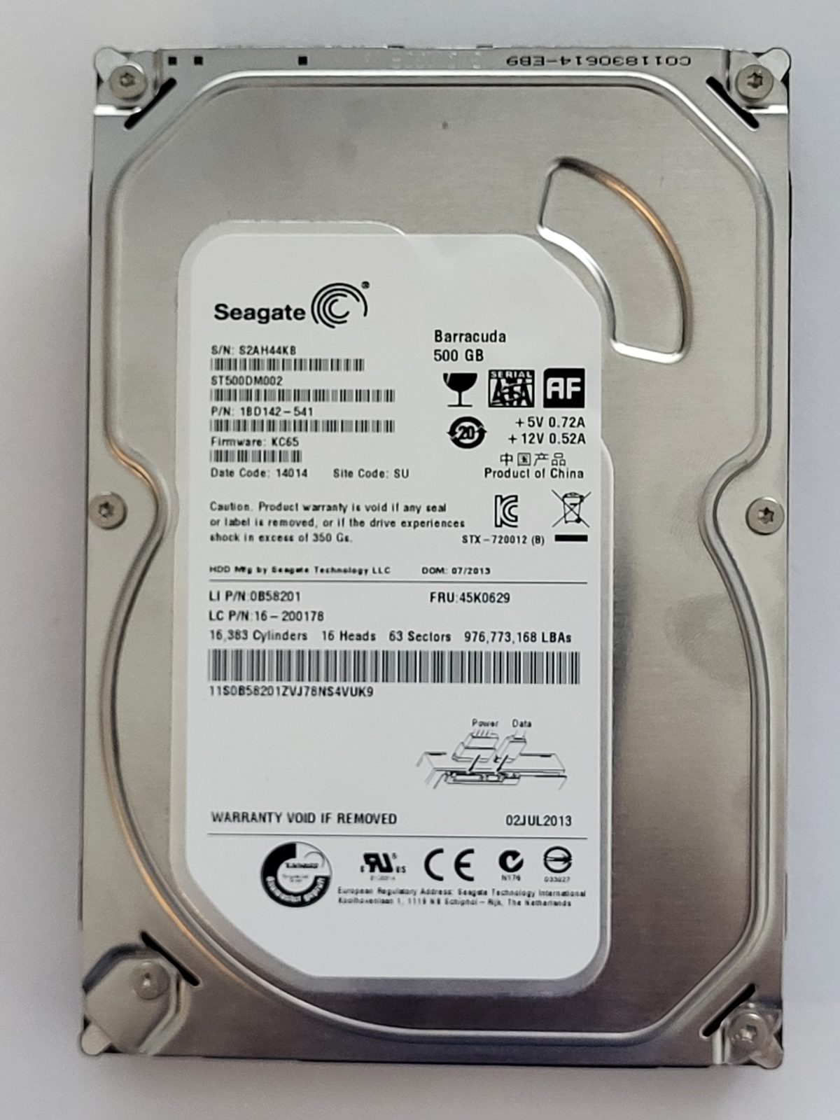 ST500DM002, PN:1BD142-541, SN:S2A, SU, FW:KC65, 14014 | Seagate 500Go 3,5" SATA HDD STK